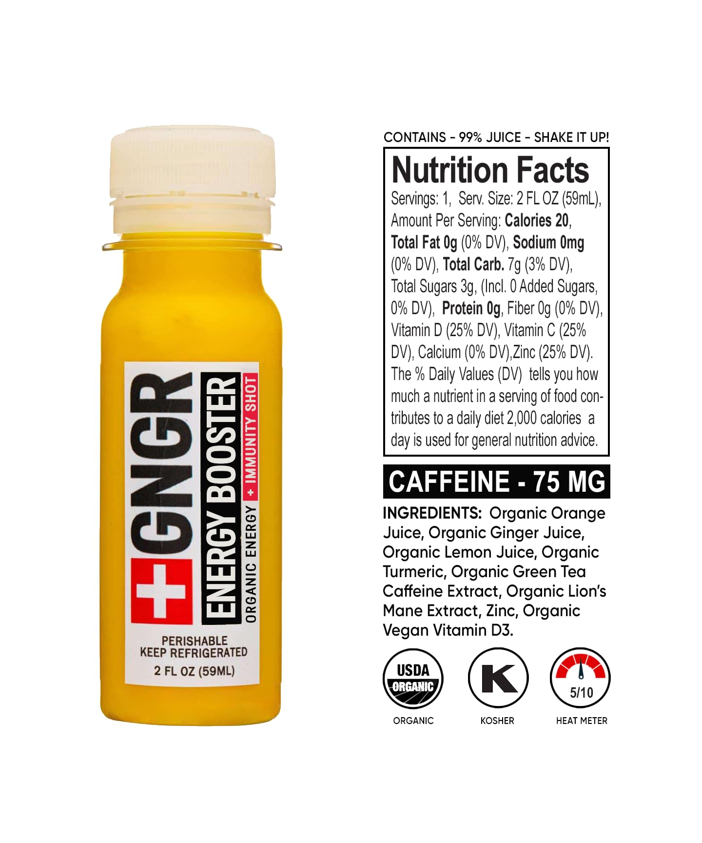 +GNGR Energy Booster - Organic Cold-Pressed Ginger Shot with Turmeric, Green Tea, Orange & Lemon Juice. Natural Energy Shot for Immune and Digestive