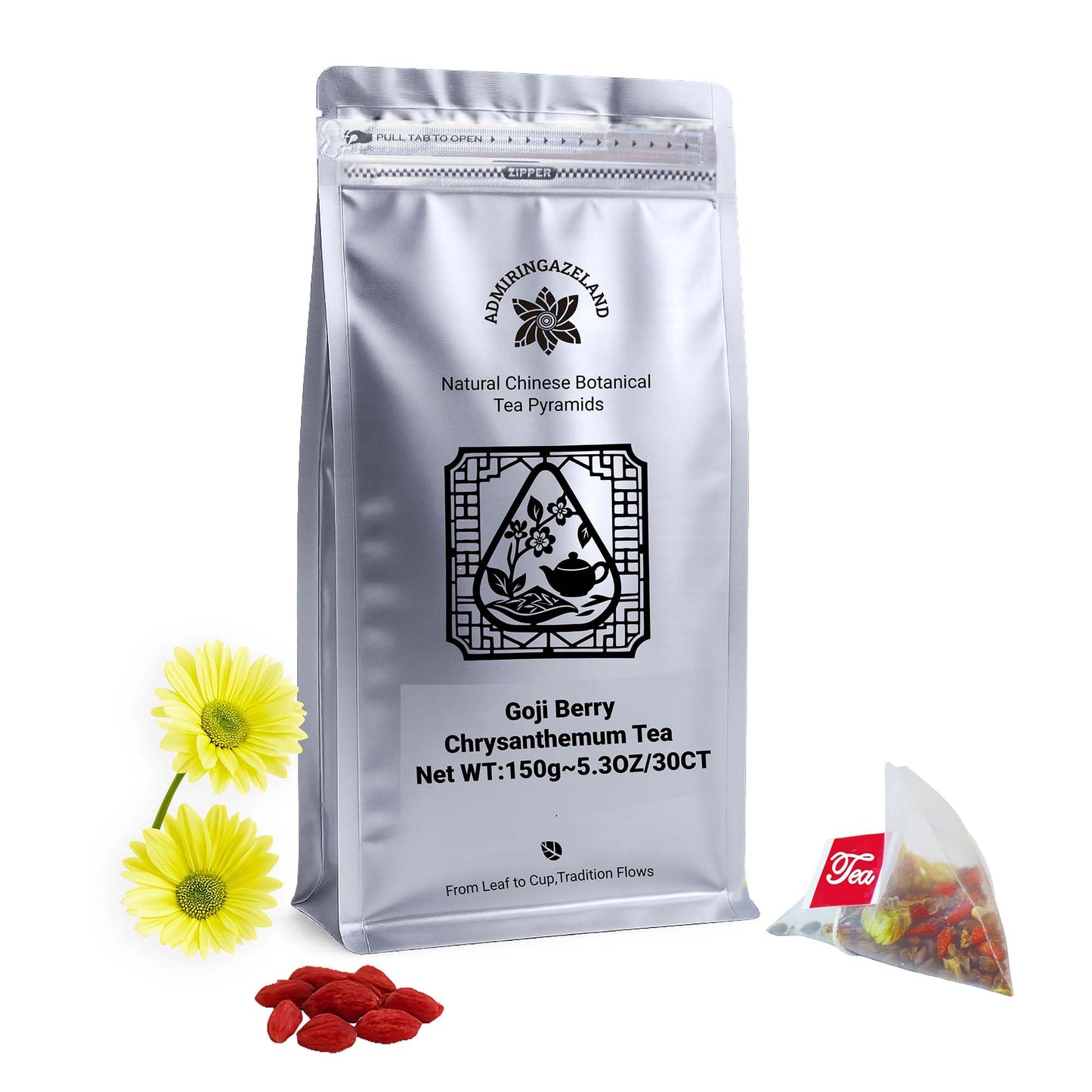 ADMIRINGAZELAND Goji Berry Chrysanthemum Tea Bags, 30 Count - Pyramid Teabags, 6 Ingredients - Dandelion Root, Wolfberry, Cassia Seed, Honeysuckle