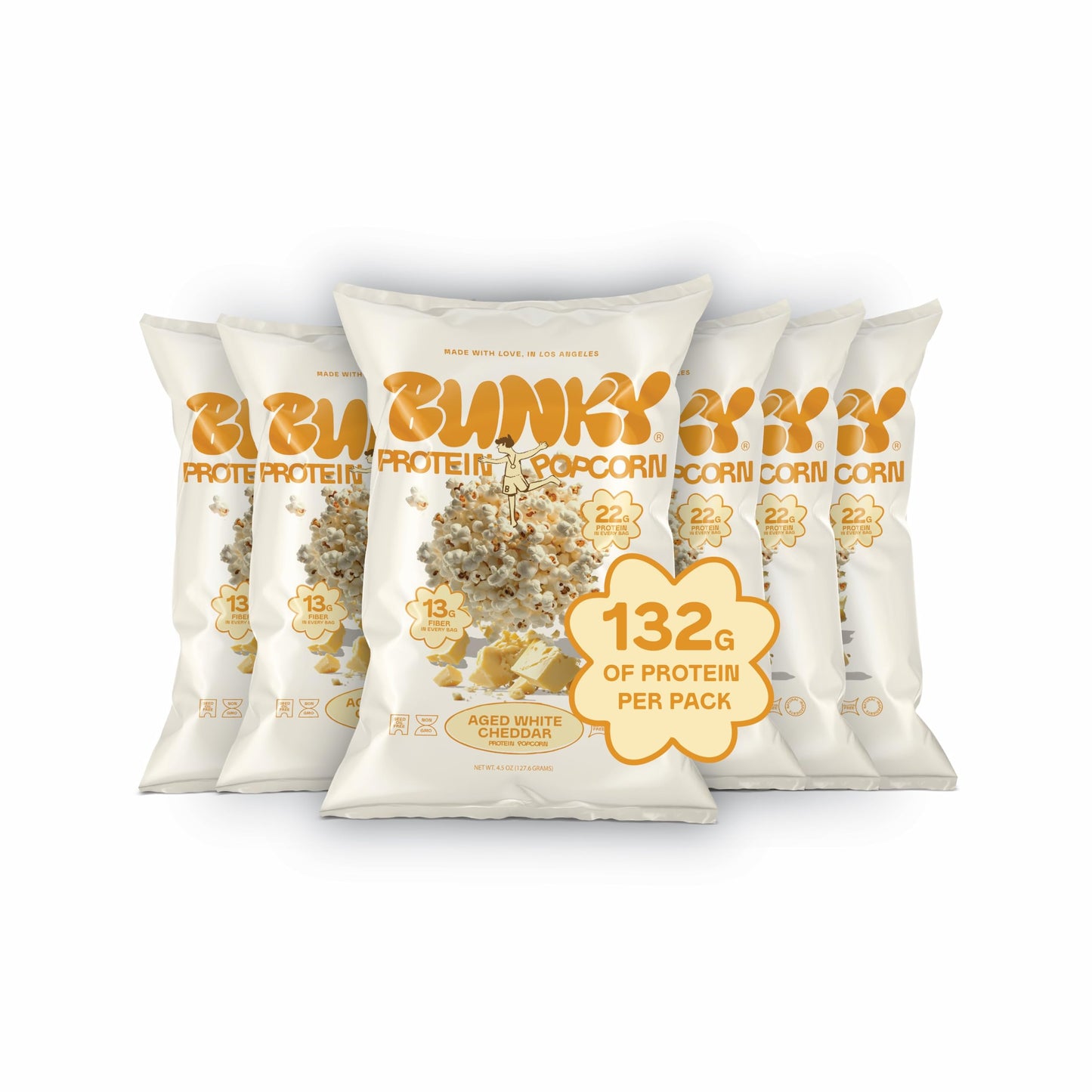 BUNKY Protein Popcorn, Aged White Cheddar | up to 20g Protein +13G Fiber Per Bag | High-Protein, Low-Calorie, Gluten-Free Snack | Non-GMO, No Seed