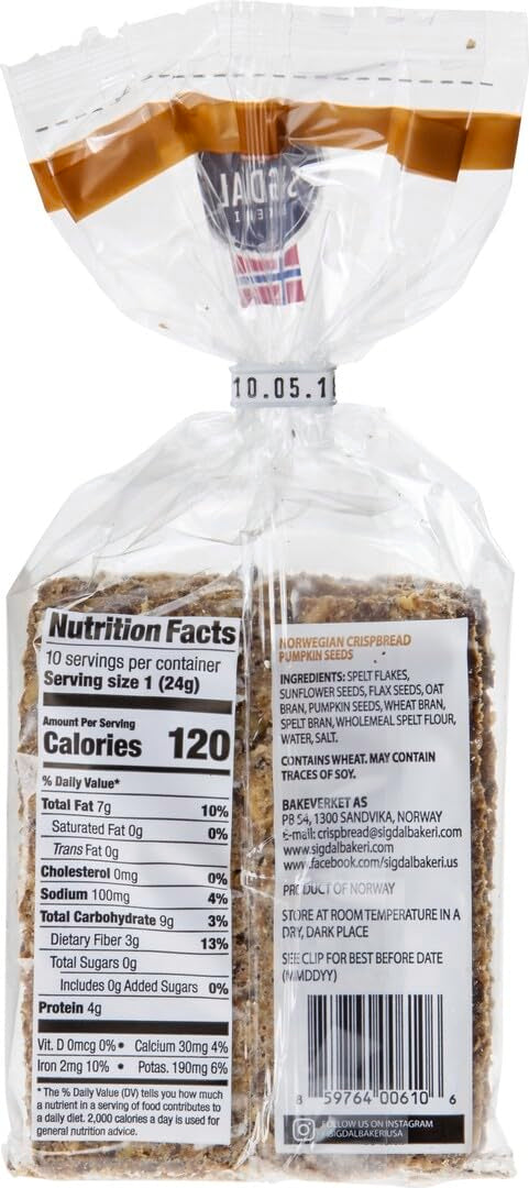 Sigdal Bakeri Pumpkin Seeds Norwegian Wholesale Crispbread | All Natural, Non-GMO | 8.29 oz (235g) (Pack of 4)