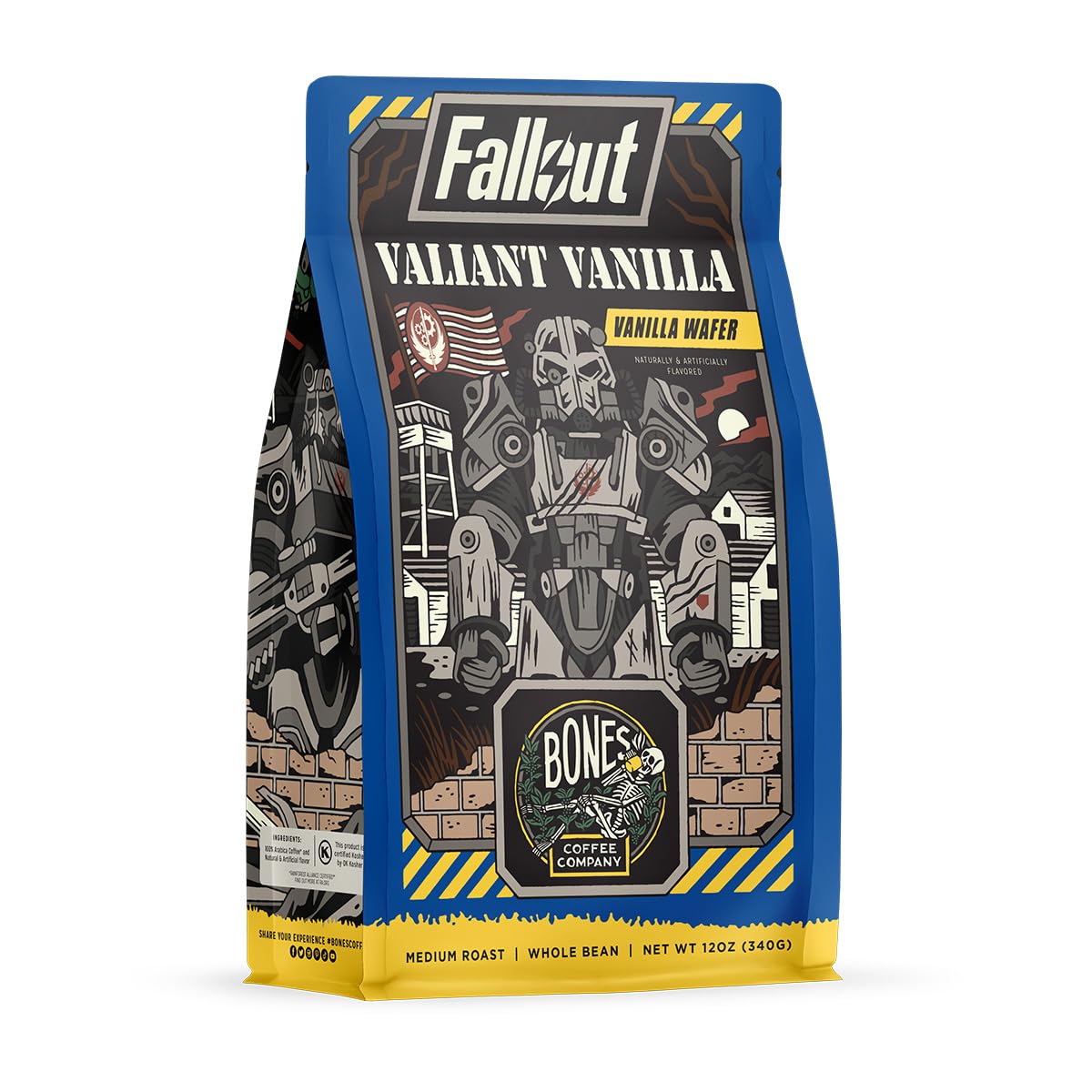 Bones Coffee Company Fallout Valiant Vanilla, Vanilla Wafer Flavored Coffee, Medium Roast Low Acid Arabica Beans Compatible with Auto drip and French