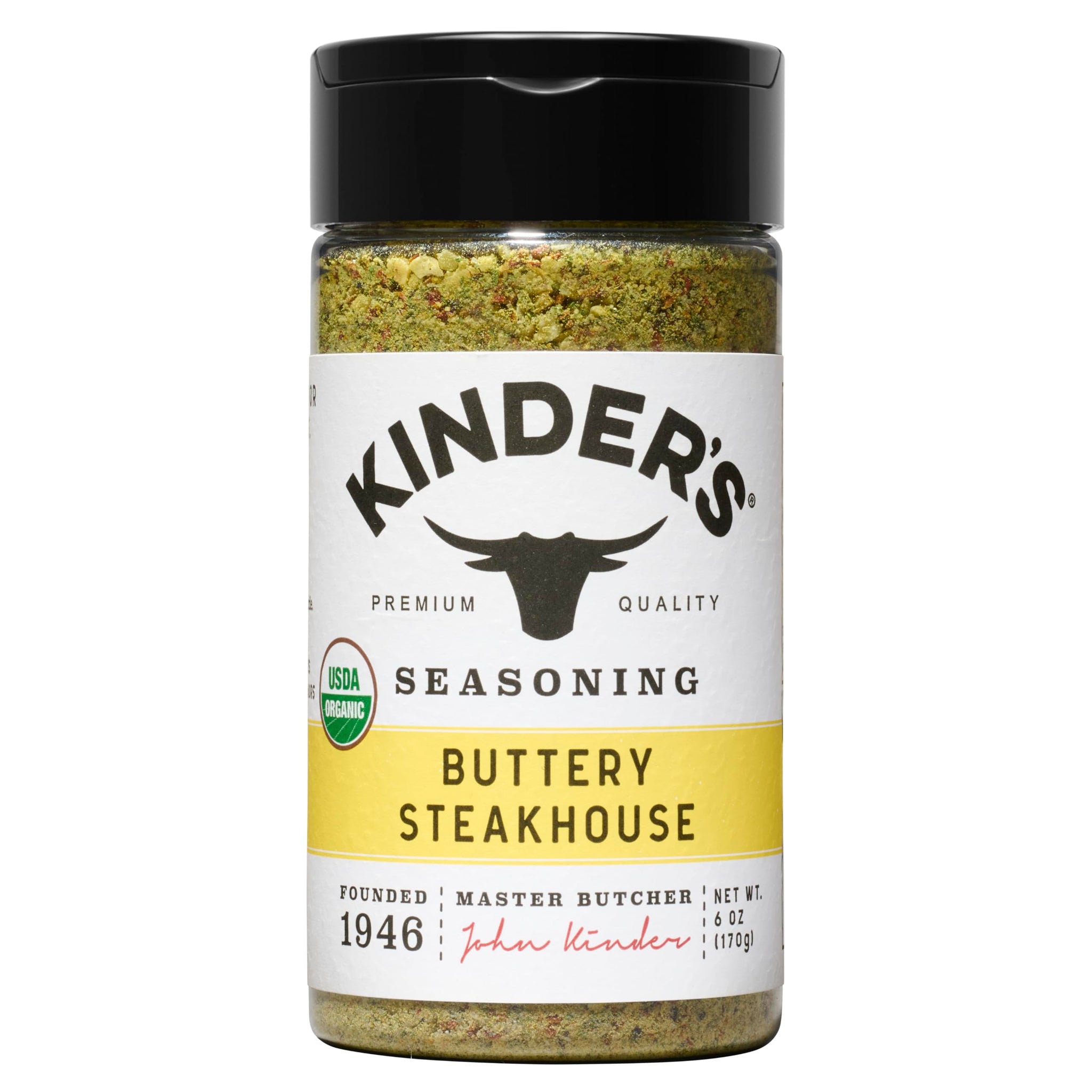 Kinder's Organic Buttery Steakhouse Seasoning, 6 Oz, Garlic, Butter and Pepper Blend, USDA Certified Organic, MSG Free, Great on Beef, Chicken