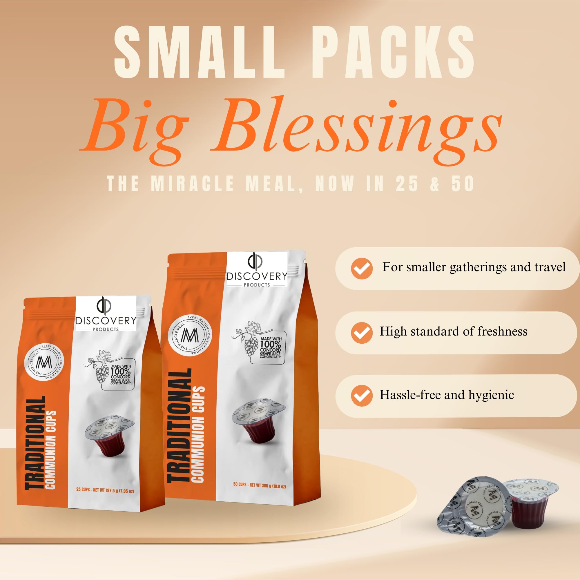 Travel Pack - Pre-Filled Traditional Communion Cup - Bag of 25 with Wafer and 100% Concord Grape Juice