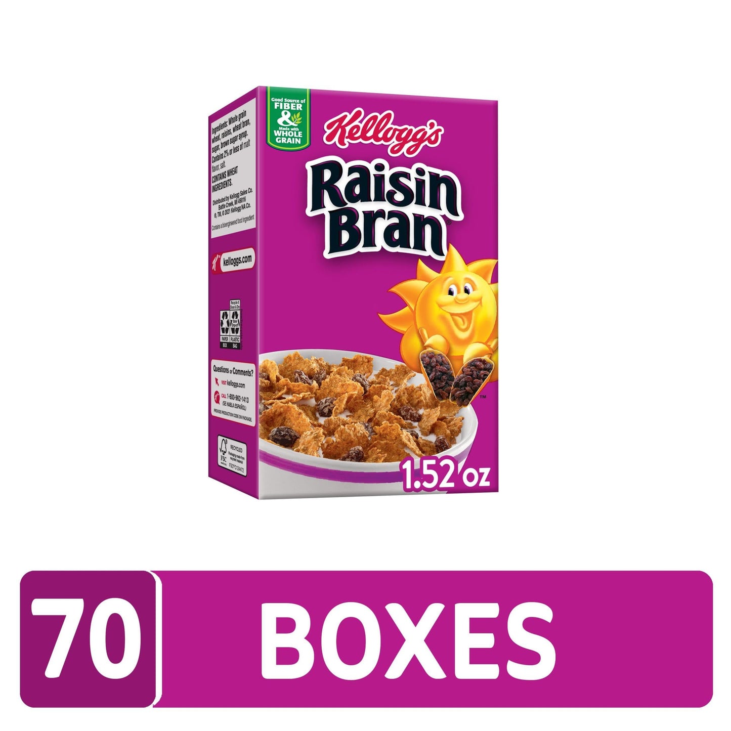 Kellogg's Raisin Bran Breakfast Cereal, Fiber Cereal, Made with Real Fruit, Original (70 boxes)