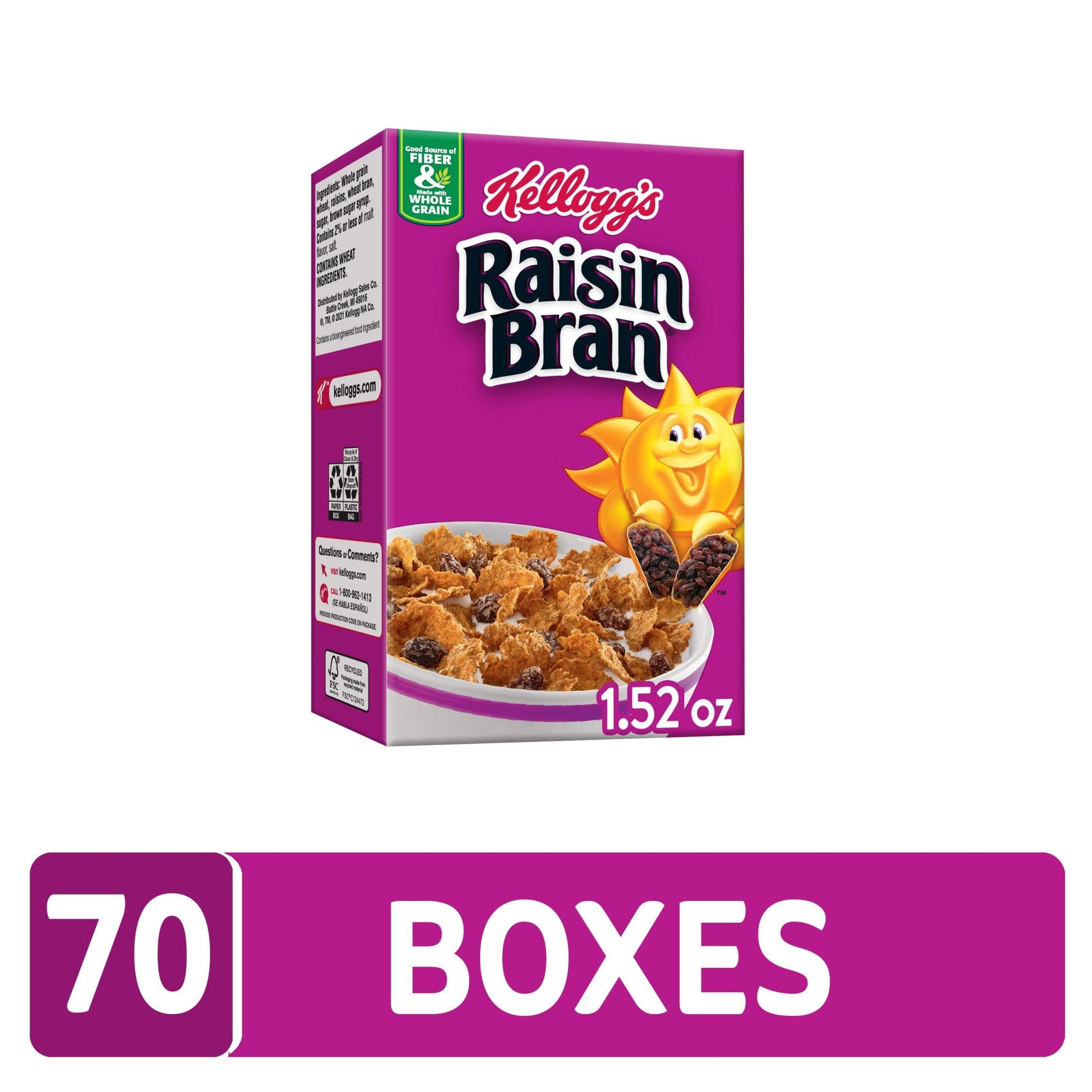 Kellogg's Raisin Bran Breakfast Cereal, Fiber Cereal, Made with Real Fruit, Original (70 boxes)