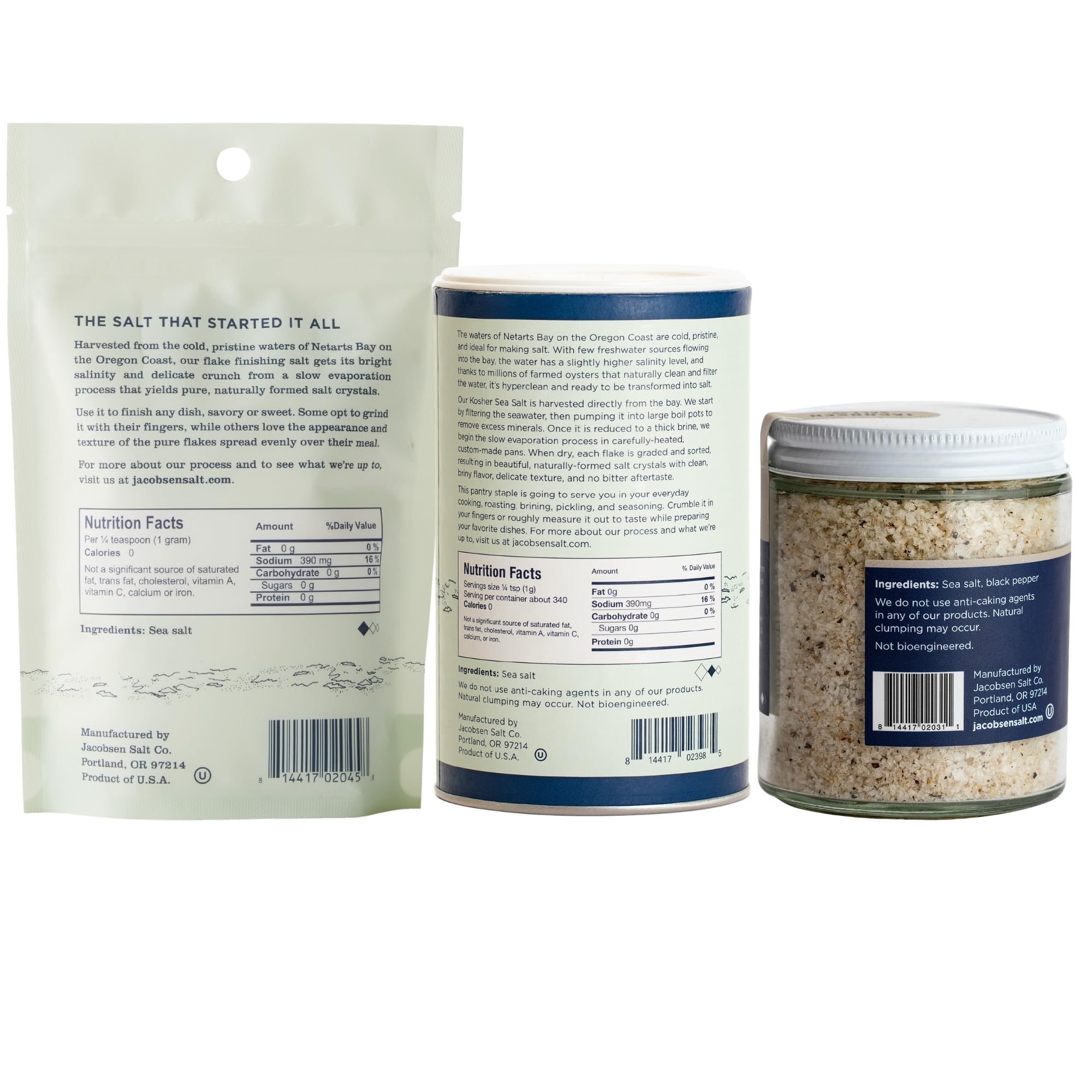 Jacobsen Salt Co. Variety Pack - Coarse, Non-Iodized Made in USA, Non-GMO, Steak Seasoning, Gourmet, Real Salt Flakes - Pure Kosher, Flake & Black
