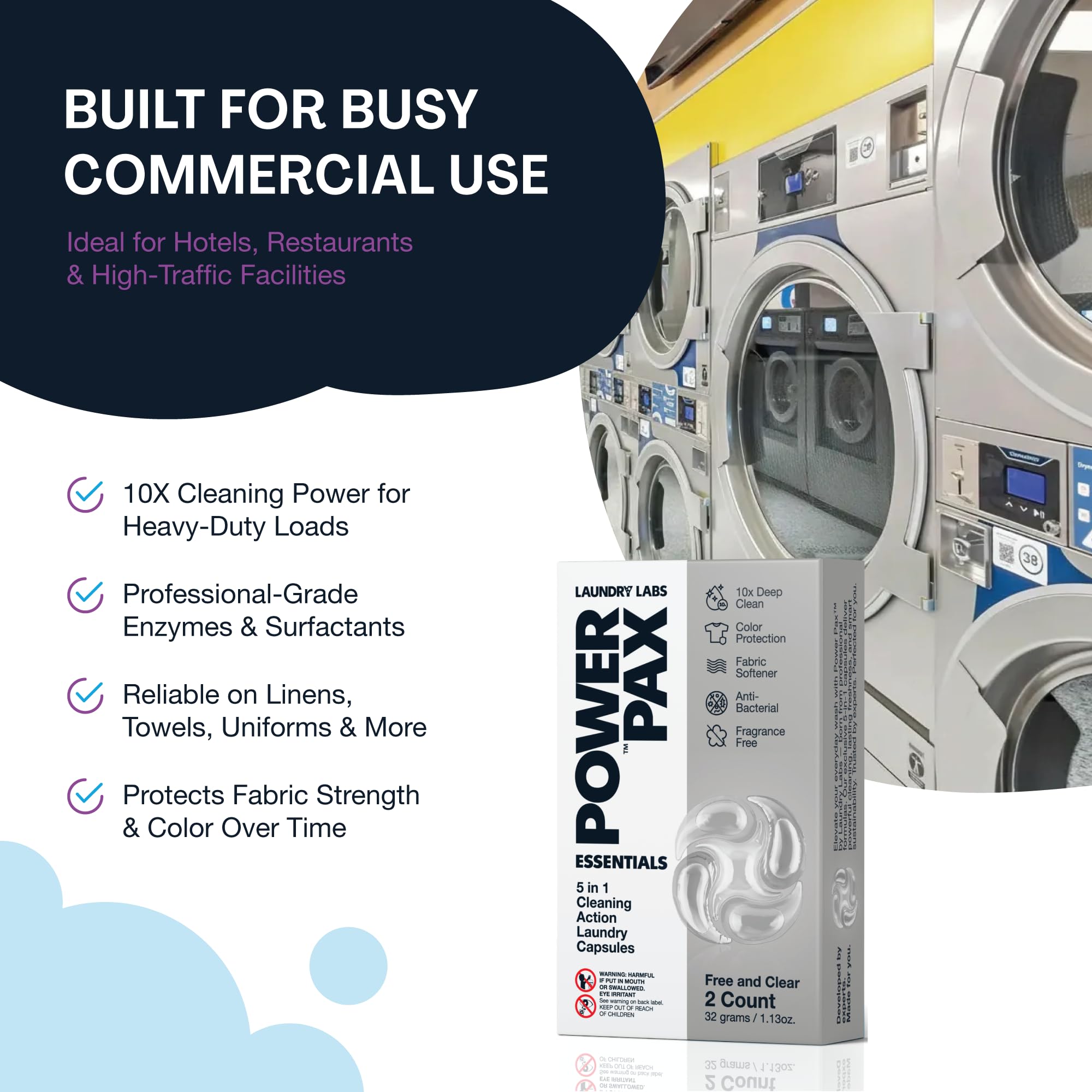 PowerPax 5-in-1 Commercial Laundry Detergent Capsules for Vending Machines, Free and Clear Unscented, 100 Count in 2 Packs - Stain Remover, Color