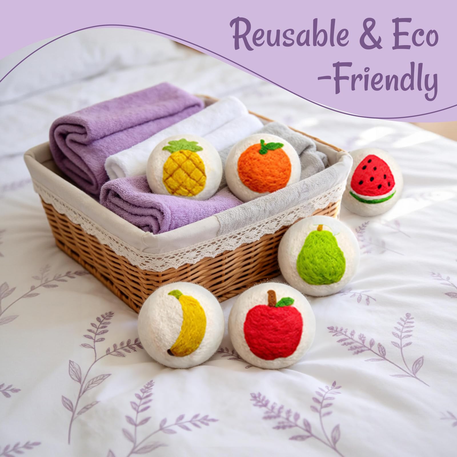 Uloryce Wool Dryer Balls XL 6 Pack, Reusable Laundry Dryer Balls with Cute Fruit Design, Reduce Drying Time, Soften Clothes, Anti Static, Eco Friendly