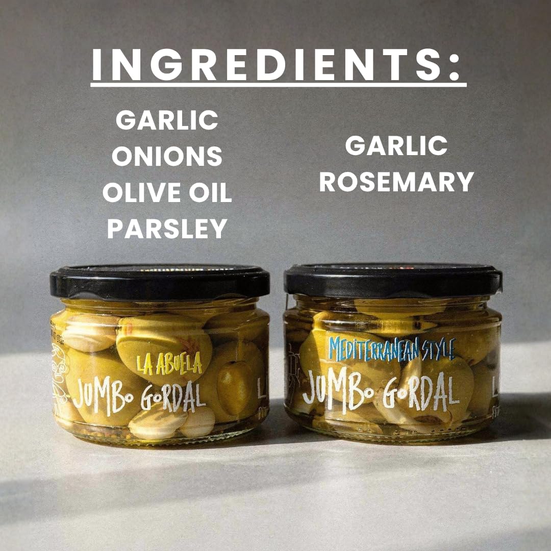 Spanish Olives Pitted | “La Abuela” and “Mediterranean Style” Marinades | Jumbo Gordal Selection | Mixed Olives for Cocktails, Snacking
