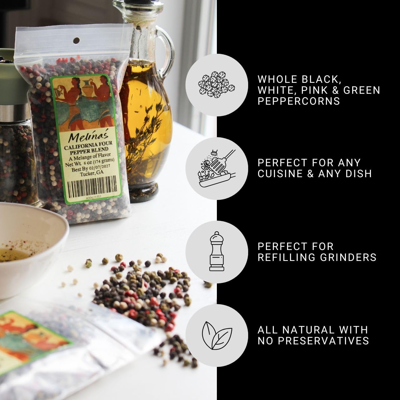 Melina’s California Four Pepper Blend - Whole Peppercorns (Black, White, Pink & Green) - 6 oz | Gourmet & Rainbow Peppercorns for Grinder Refill |