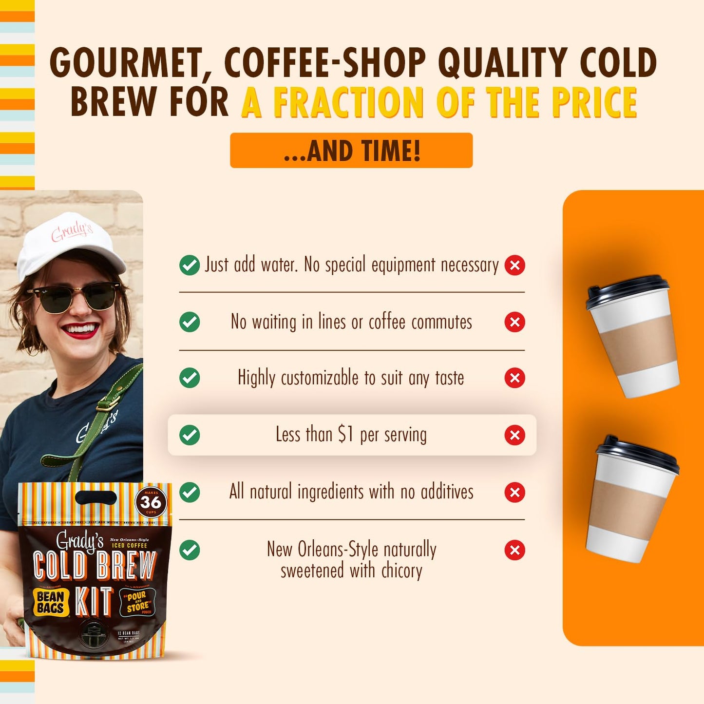 GRADY’S COLD BREW, New Orleans Style, 100% Arabica Ground Coffee & Chicory Pouches, All-in-One Cold Brew Kit with 12 Easy-to-Brew Beans Bags, Makes 36