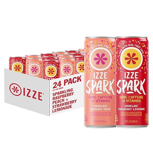 IZZE Spark Sparkling Juice Variety Pack, Raspberry Peach + Strawberry Lemonade, No Sugar Added, 8.4 FL OZ, 24 Cans