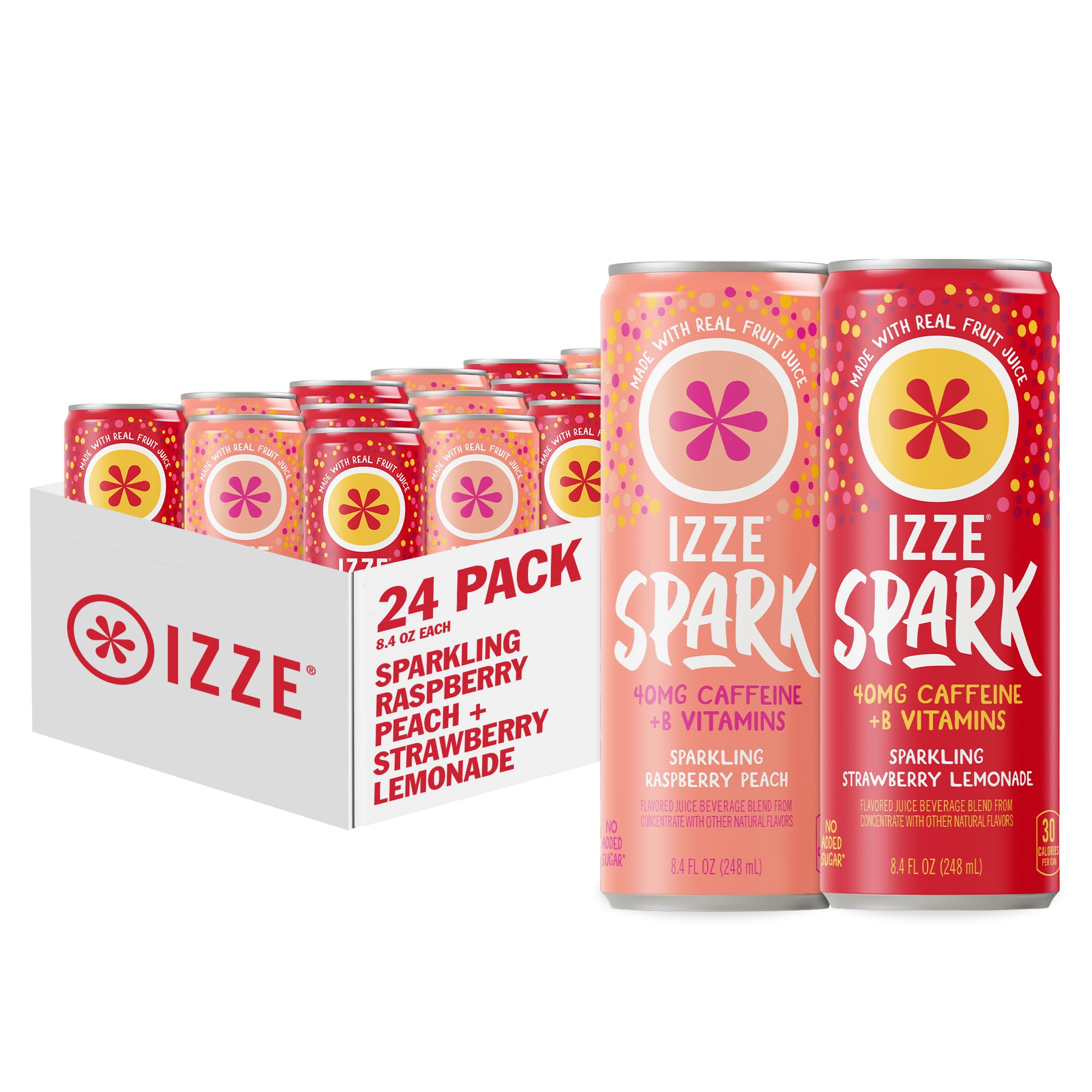 IZZE Spark Sparkling Juice Variety Pack, Raspberry Peach + Strawberry Lemonade, No Sugar Added, 8.4 FL OZ, 24 Cans
