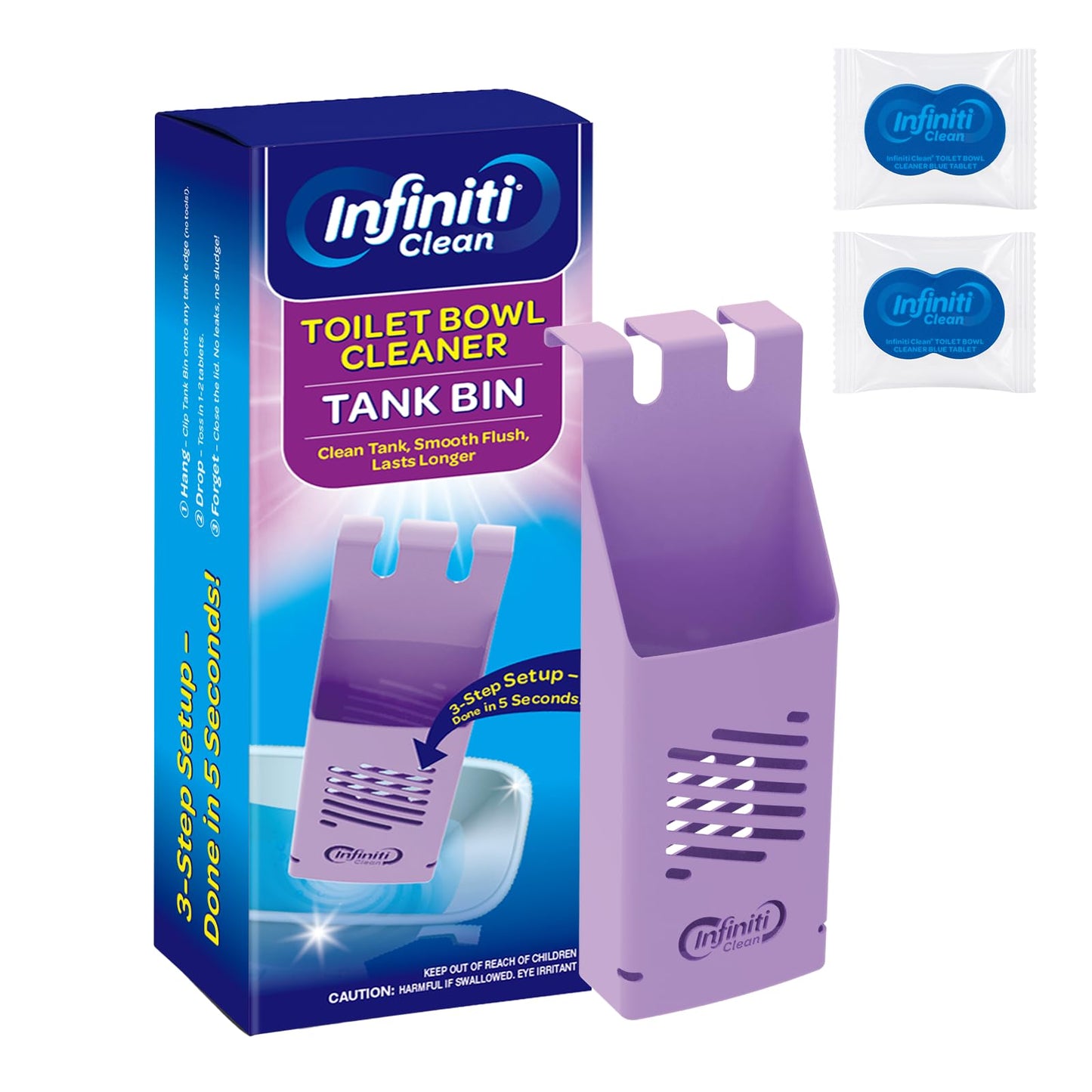 Infiniti Clean Toilet Tank Tablet Holder with Blue Toilet Bowl Tablets, 8.97 x 3.22 x 2.25 Inch Tablet Holder - Prevents Flapper Jams & Residue