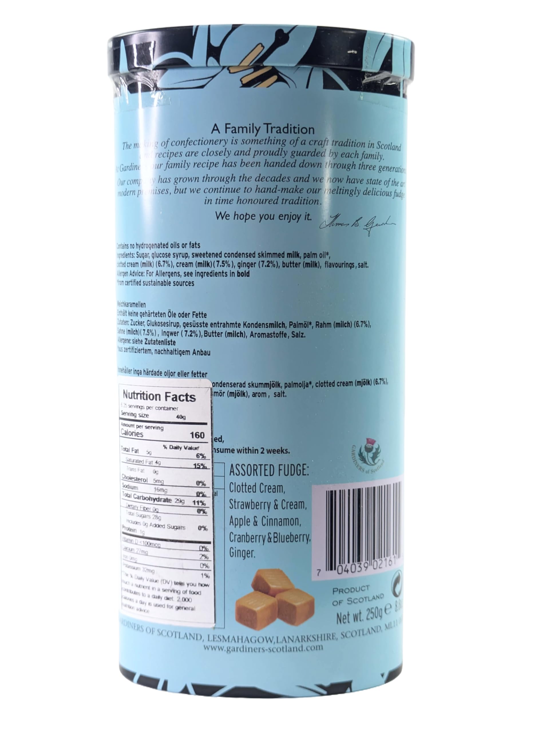 Gardiners of Scotland Handmade Fudge 250g Tall Tin, Lillies Assorted Fudge