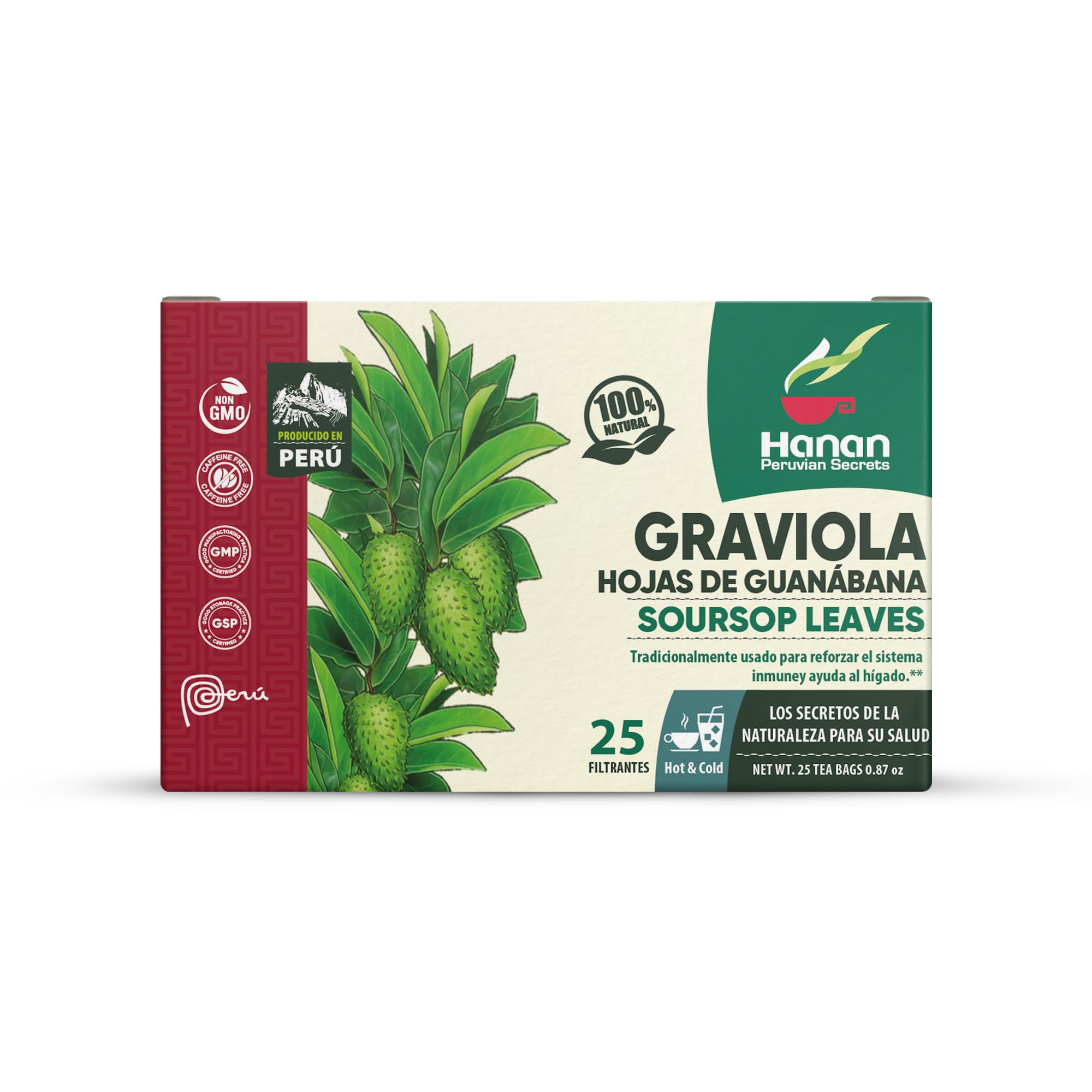 Hanan Peruvian Secrets Hojas De Guanabana-Graviola Herbal Tea | 100% Natural Soursop Leaves | 25 Tea Bags | Naturally Aids in Supporting the Liver
