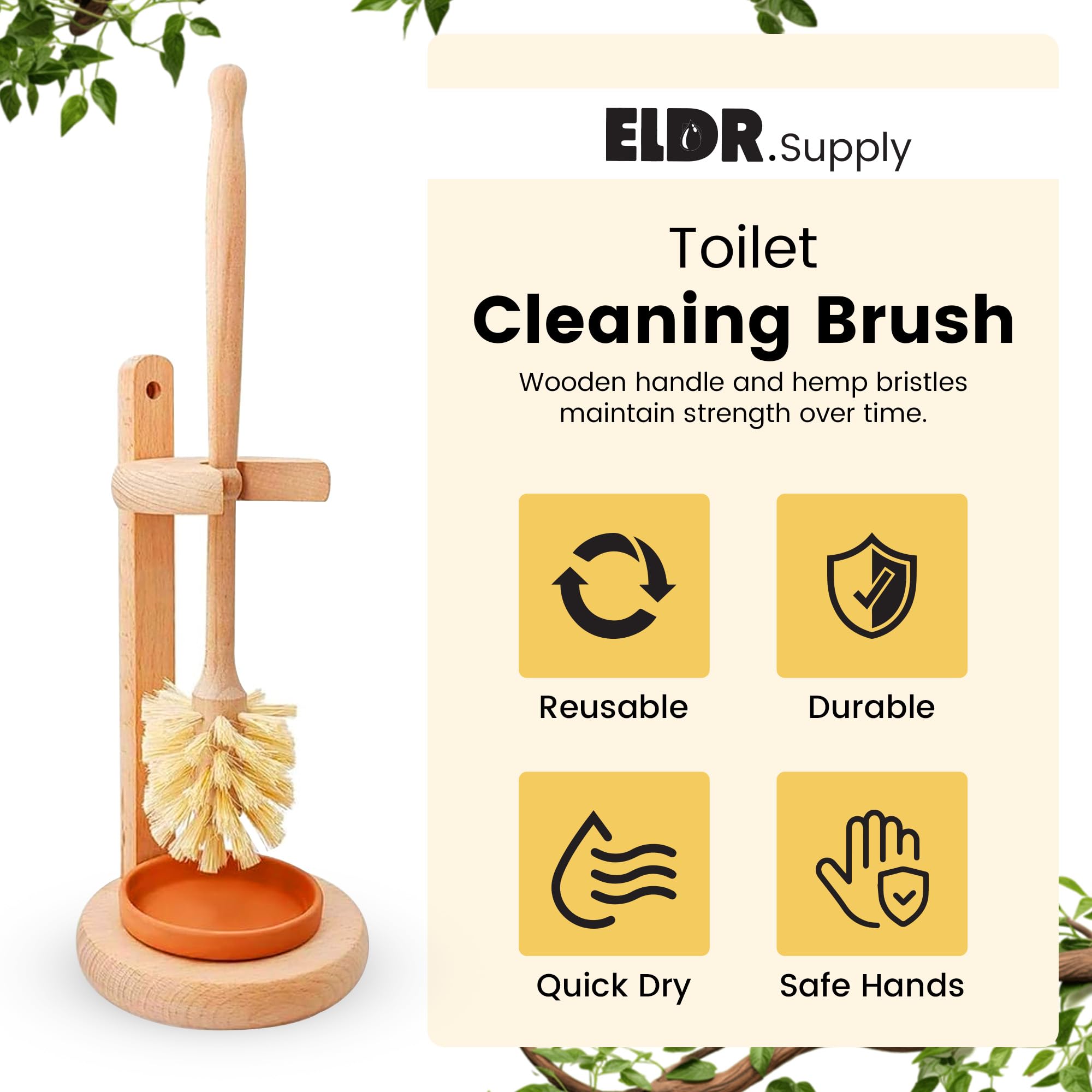 ELDR Supply Toilet Bowl Cleaner Brush with Holder, 14 Inch Extra Long German Beechwood Handle, Strong Hemp Bristles, Ceramic Drip Tray, Biodegradable