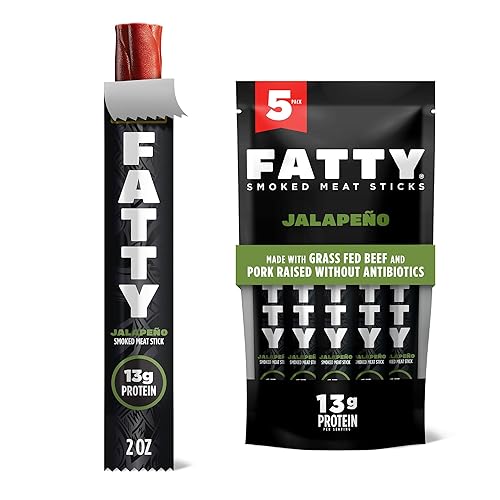 FATTY Meat Sticks, Made with Grass Fed Beef, Pork Raised Without Antibiotics, 13g Protein Per Stick, Jalapeno, 2 oz. (Pack of 5)