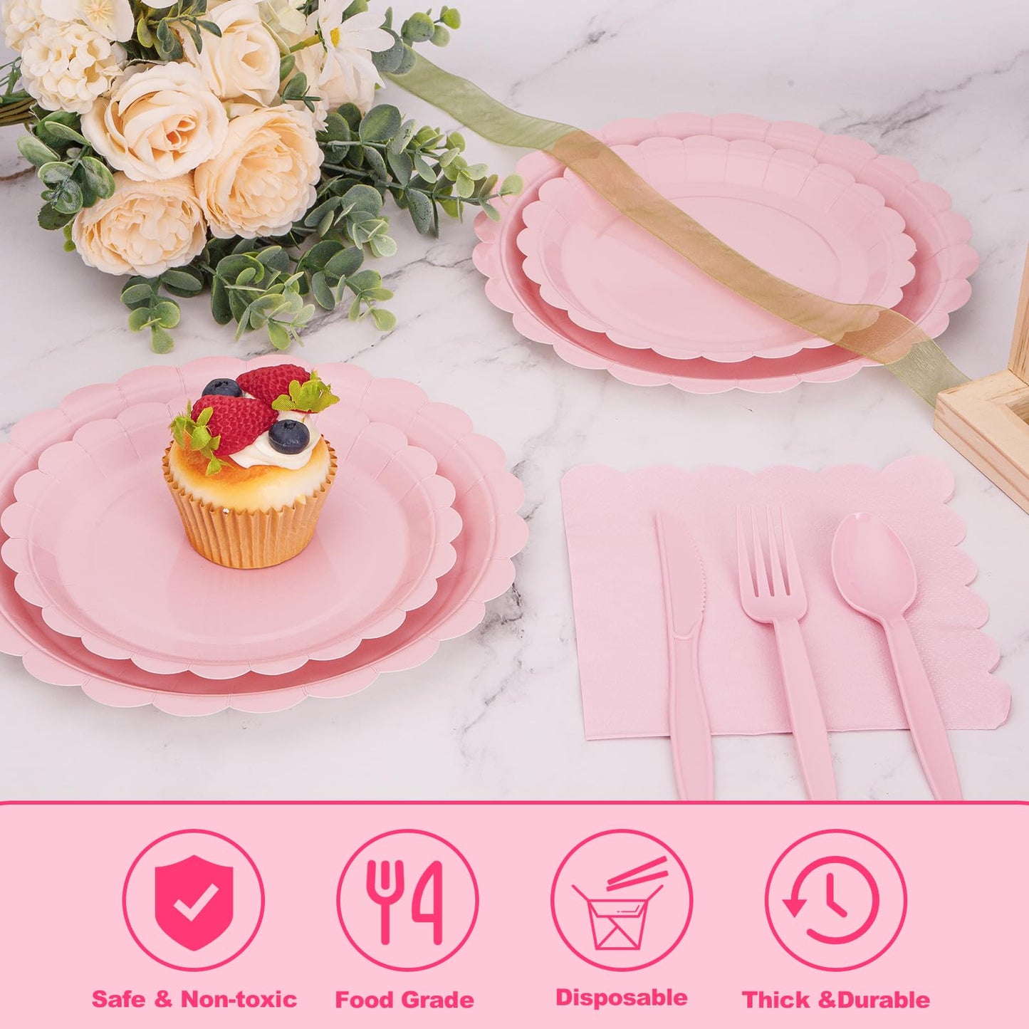 168 Pcs Pink Paper Plates and Napkins, Light Pink Party Supplies Include Scalloped Plate Napkins Cups Forks Knives Disposable Plastic Cutlery