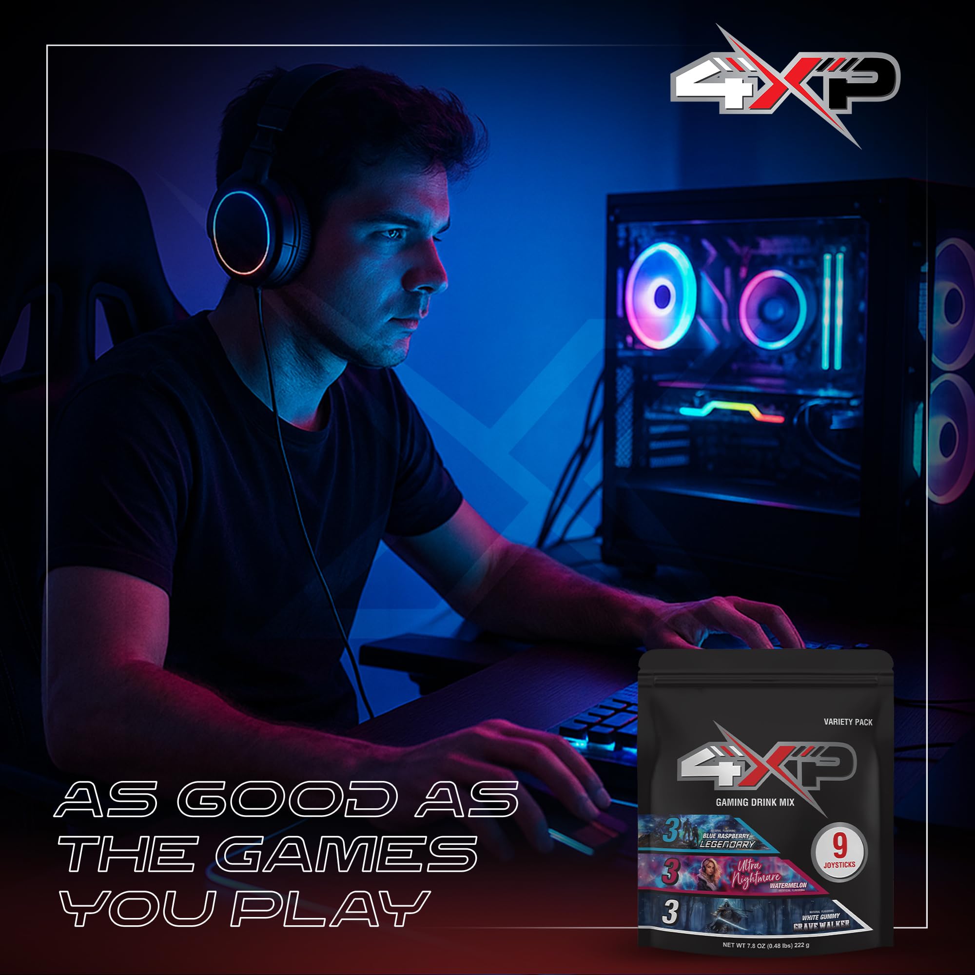 4XP Joystick Variety Pack | Nine Single?Serve Gaming Energy Drink Sticks with Blue Raspberry, Watermelon & White Gummy Flavors | Low Caffeine