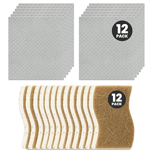 Swedish Dishcloths & Plant-Based Sponges 24 Pack - 12 Swedish Dishcloths for Kitchen, 12 Dish Sponges, Reusable Paper Towels & Cellulose Scrubber Set