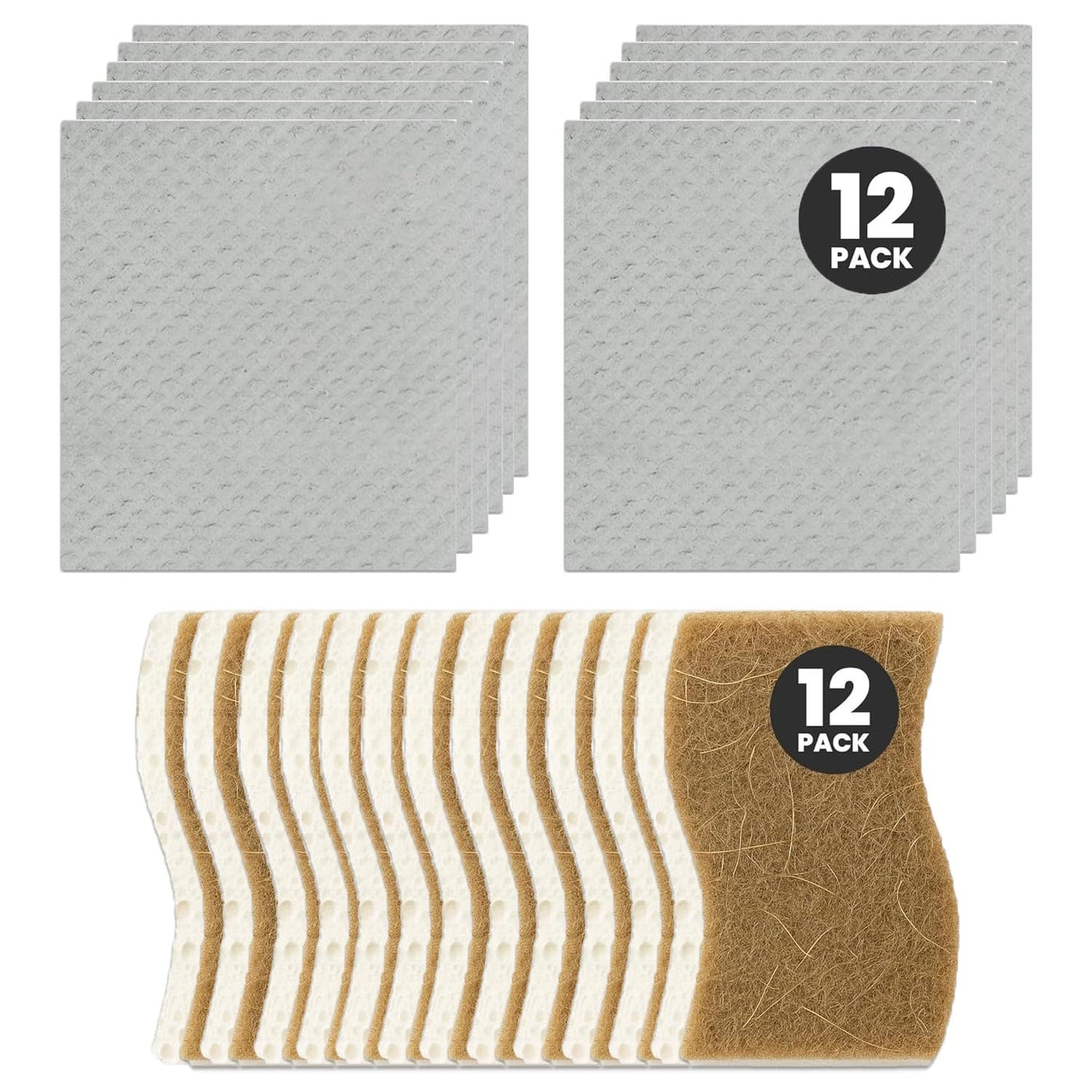 Swedish Dishcloths & Plant-Based Sponges 24 Pack - 12 Swedish Dishcloths for Kitchen, 12 Dish Sponges, Reusable Paper Towels & Cellulose Scrubber Set