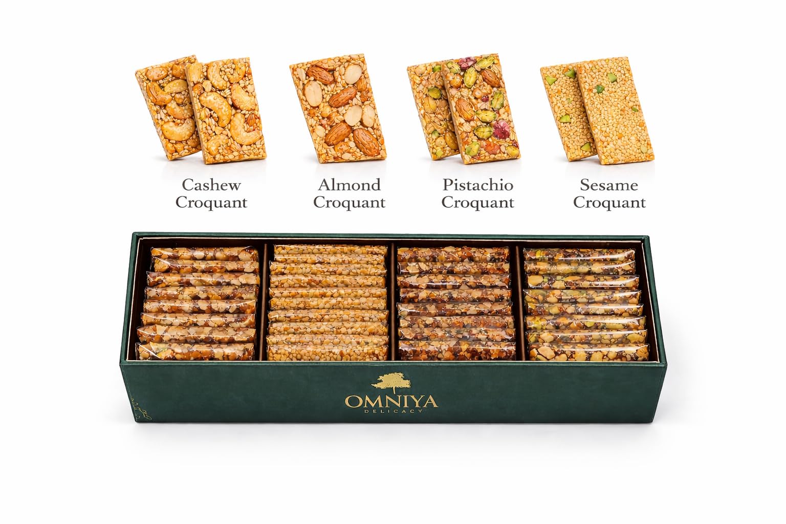 OMNIYA Delicacy - Indigo Croquant Box (40 Pieces) - Mediterranean Gourmet Sesame Snack Bar - Crispy Pistachio, Almond, Cashew & Sesame Treats