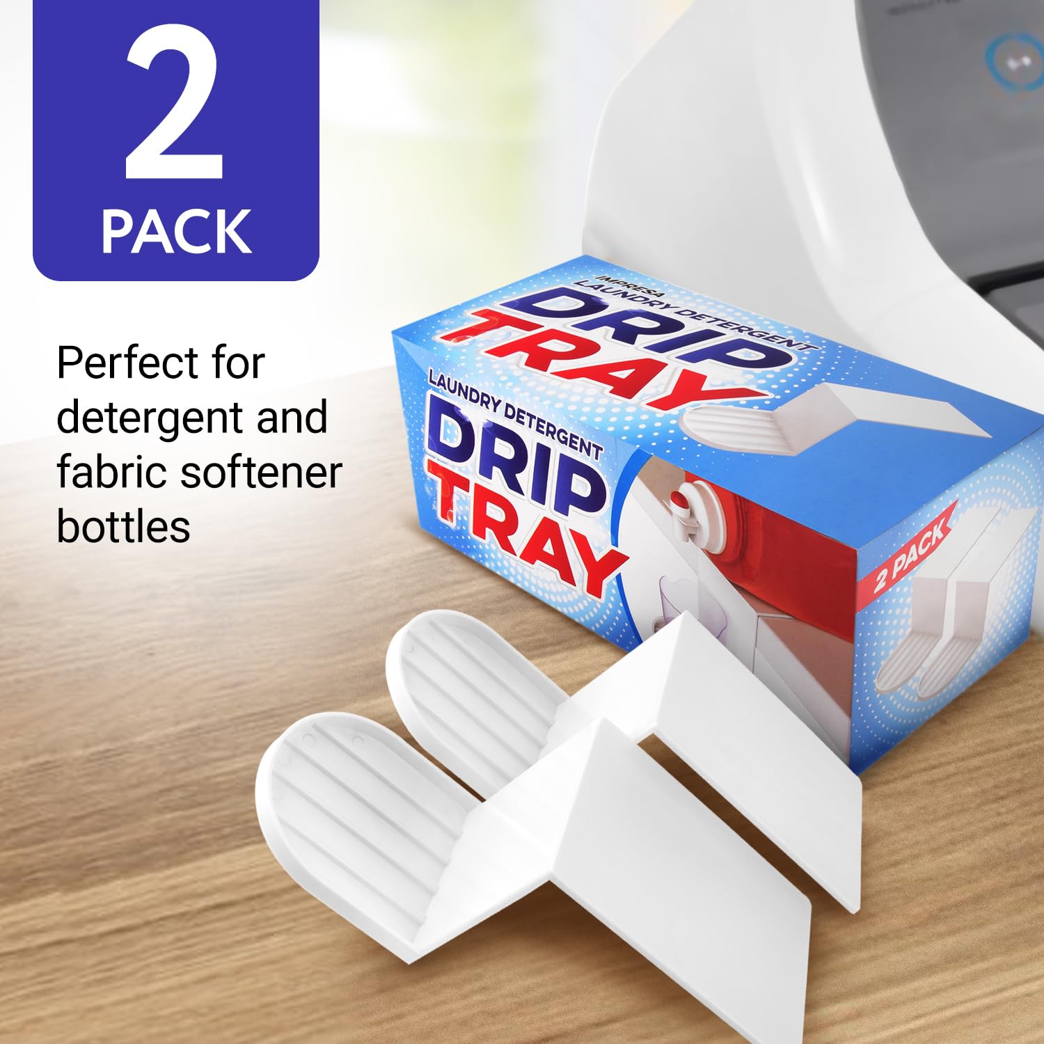 IMPRESA Laundry Detergent Cup Holder & Laundry Drip Catcher - 2-Pack, White Plastic - Slides Under Tub for Universal Detergent Drip Tray & Spill