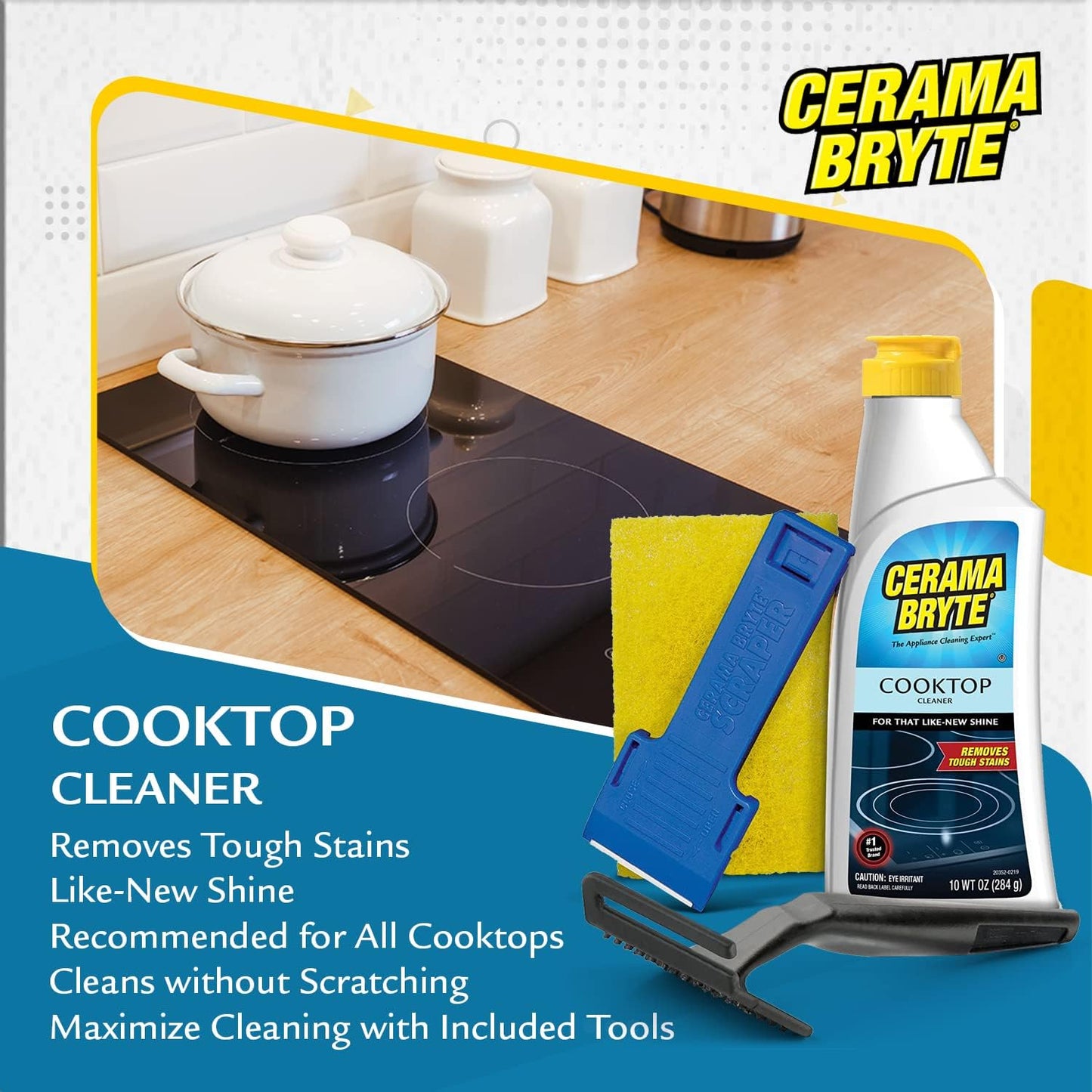 Cerama Bryte - Cooktop Cleaning Kit - Includes 10 oz. Bottle of Cerama Bryte Cooktop Cleaner, 2 Cleaning Pads, 1 POW-R Grip Pad Tool and 1 Scraper