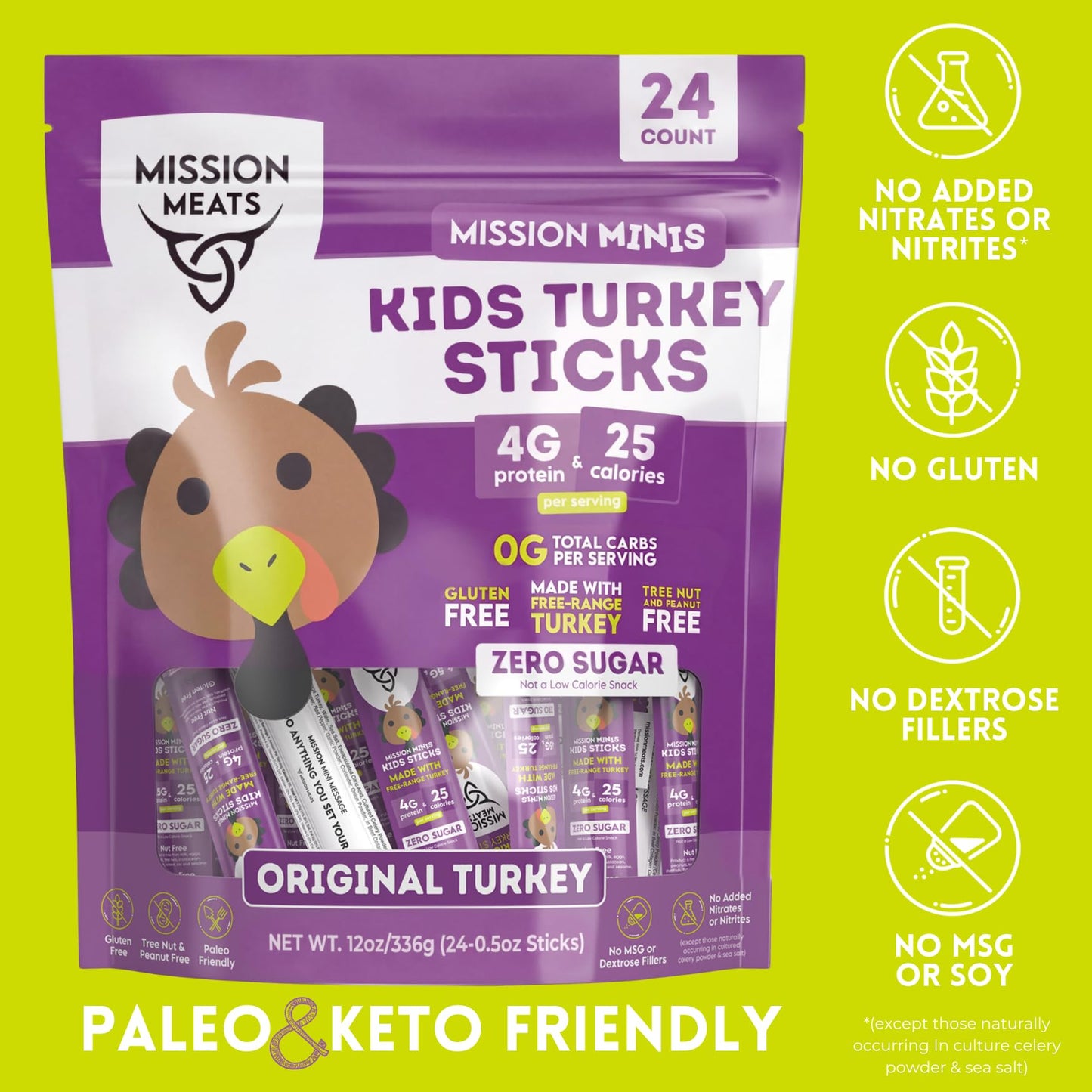 Mission Meats Kids Turkey Sticks, 100% Free Range, Healthy Snacks for Kids, Zero Sugar, 9g Protein per Serving, Gluten & Nut Free, Individually