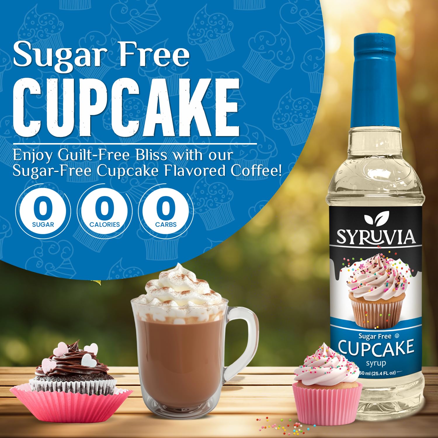 Syruvia Sugar Free Coffee Syrup, Cupcake Flavored Syrup for Drinks, Lattes, and Desserts - 25.4 fl oz