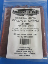 Fresh 21mm Collagen Casings for Snack sticks, Pepperoni and other snack sausages. Easy to use. Each pack fills 25 lbs