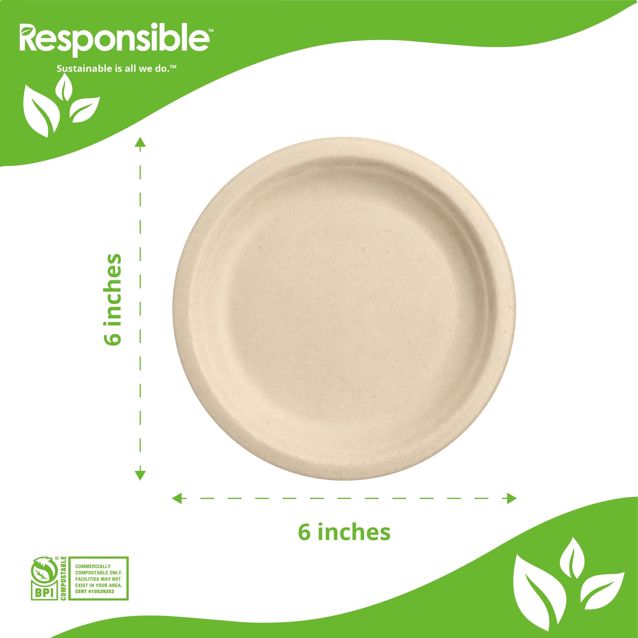 Responsible Products 100% Compostable 6 Inch Paper Plates Brown (50 Pack), Disposable Plates Heavy Duty, Paper Dinner Plates, Dessert Plates, Made
