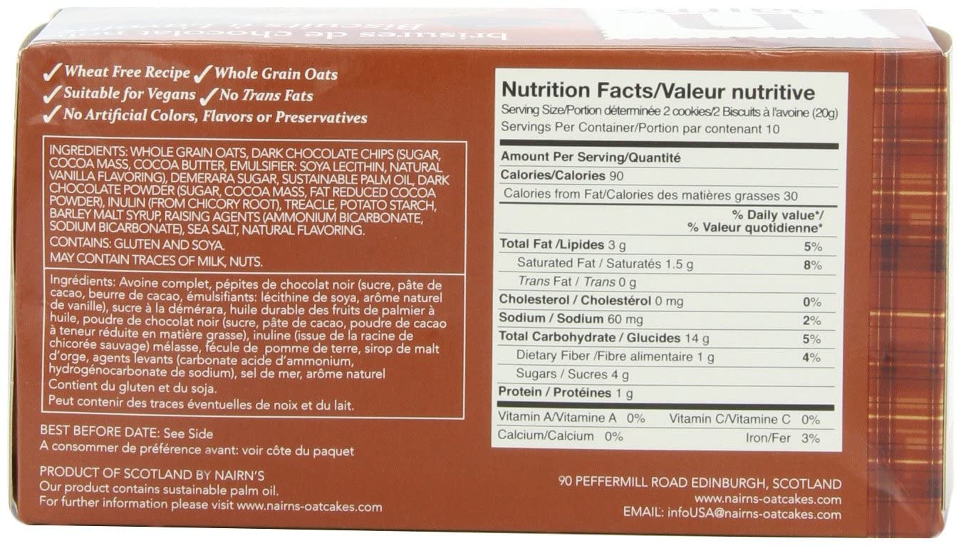Nairns Dark Chocolate Chip Oat Cookies, 7.1-Ounce (Pack of 4)