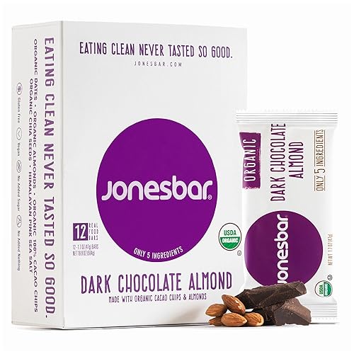 JONESBAR Organic Plant Based Protein Bars | Dark Chocolate Almond | Fruit & Nut Bar, Kosher, Gluten Free, Breakfast Bars, School Snacks, Vegan Snack