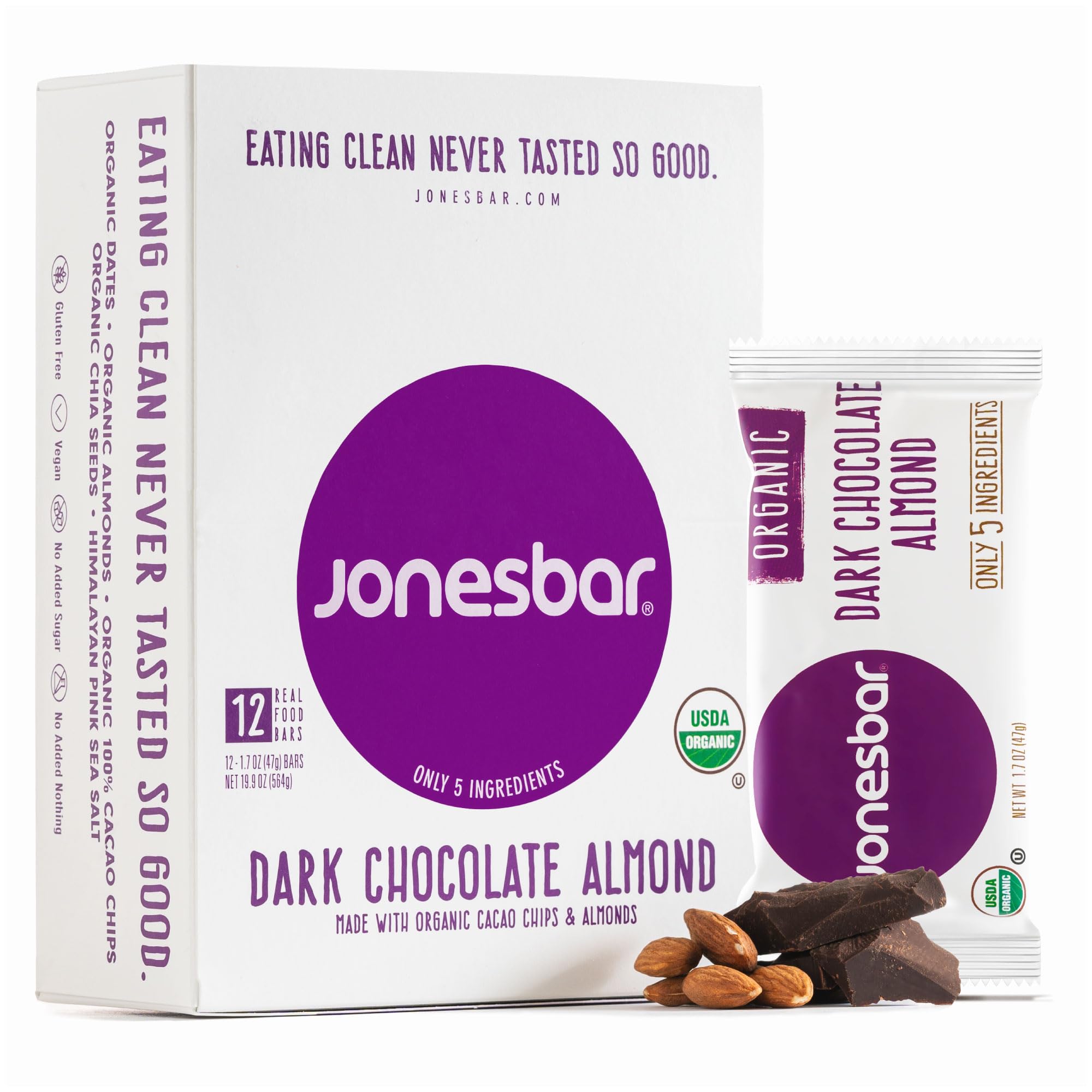 JONESBAR Organic Plant Based Protein Bars | Dark Chocolate Almond | Fruit & Nut Bar, Kosher, Gluten Free, Breakfast Bars, School Snacks, Vegan Snack
