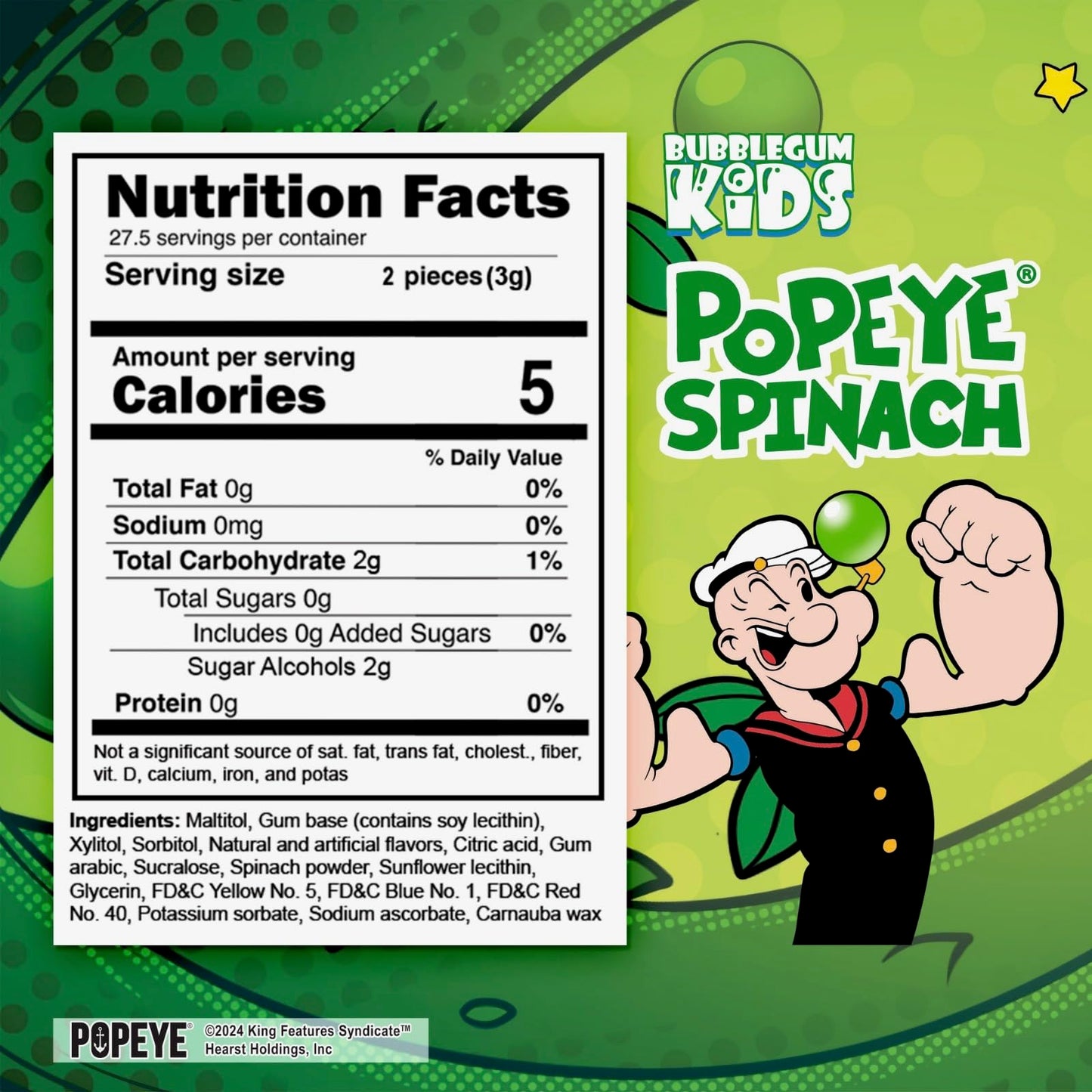 Popeye’s Spinach Sugar Free Gum by Bubblegum Kids | Topical Fruit Flavor, Sugarless Gum with Xylitol | Vegan, Low Calorie Candy for Kids & Adults |