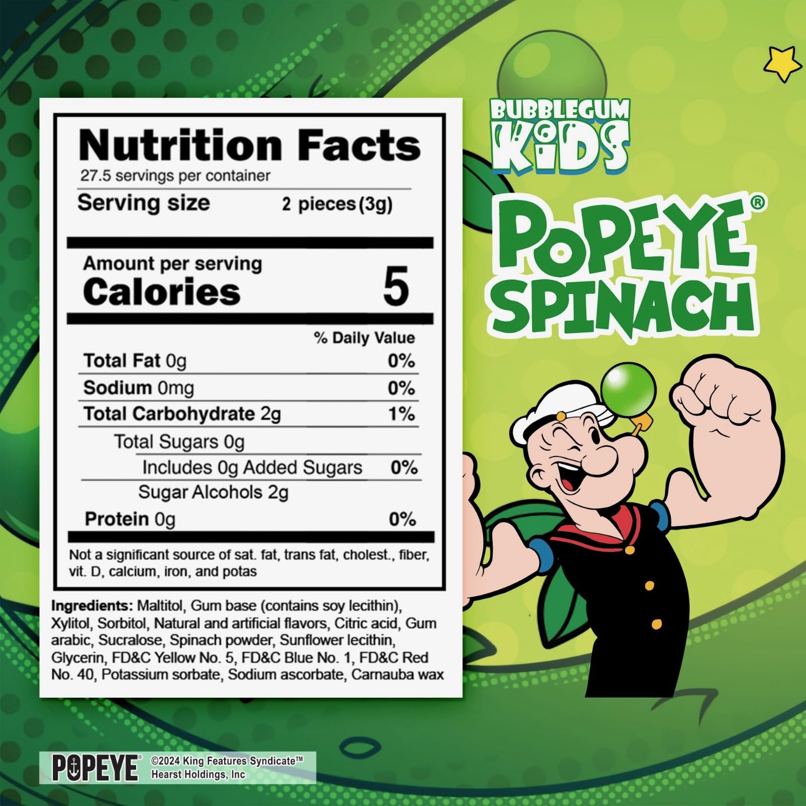 Popeye’s Spinach Sugar Free Gum by Bubblegum Kids | Topical Fruit Flavor, Sugarless Gum with Xylitol | Vegan, Low Calorie Candy for Kids & Adults |