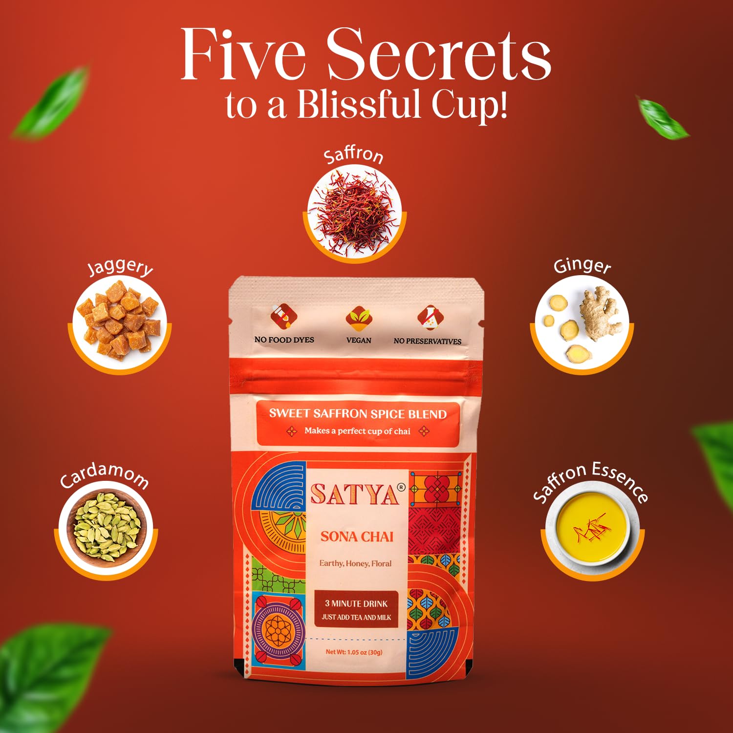 Satya Sona Chai Masala Powder with Saffron Authentic Indian Masala Chai Spice Mix Aromatic Tea Masala Blend 5 Fresh Sachets x 30g Makes 15 Servings