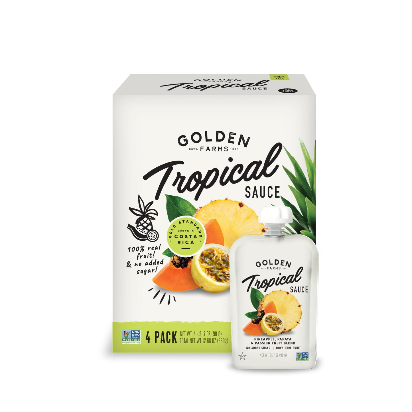 Golden Farms Tropical Pouches, Low Ingredient Healthy Snacks (Pack of 4), 100% Pure Fruit, No Added Sugar, Vegan, Gluten-Free, Kosher, Non-GMO Squeeze