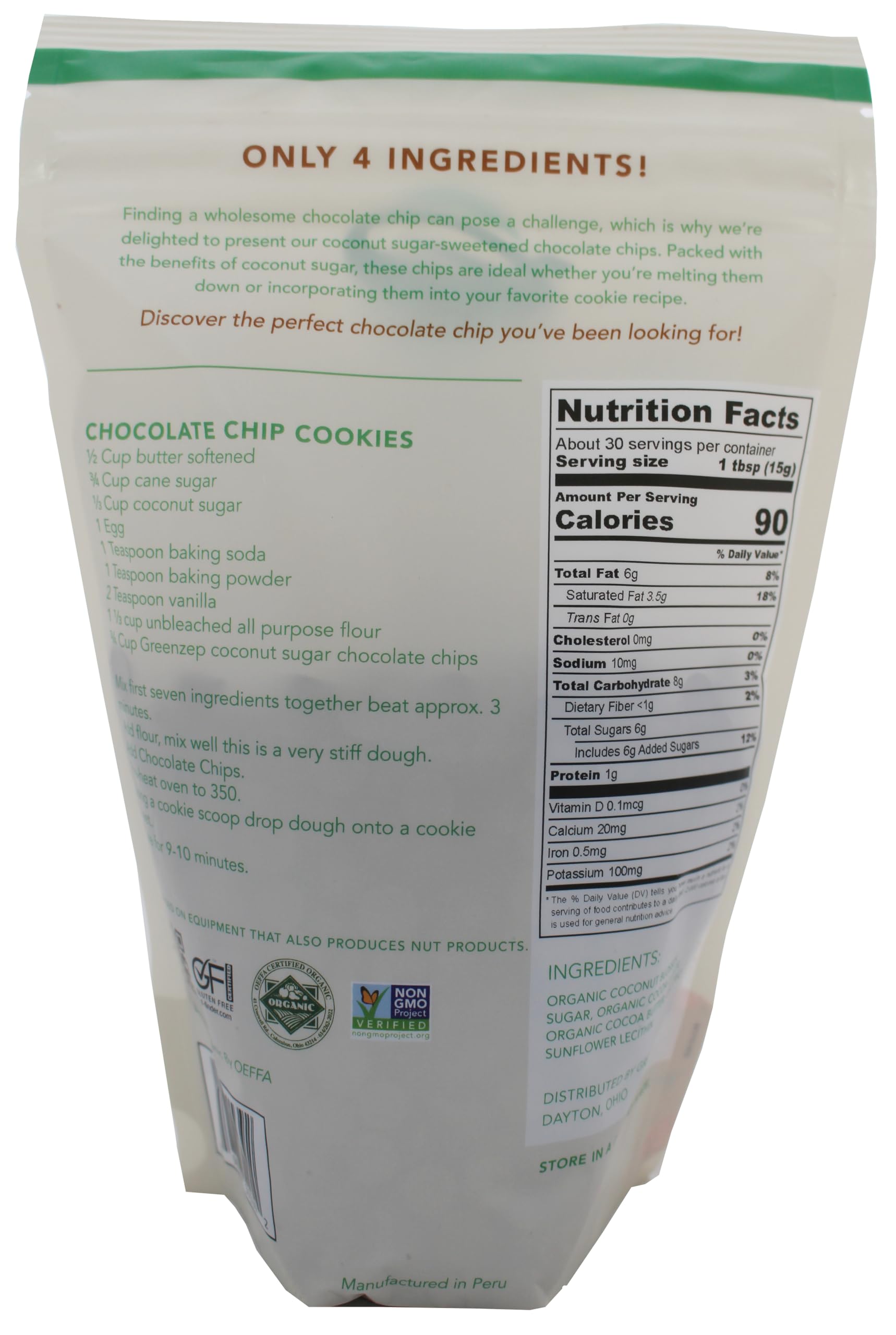 Coconut Sugar Organic Chocolate Chips for Baking, 4 Simple Ingredients, Dairy Free, Soy Free, Gluten Free Dessert, Non GMO, Vegan, Healthy Caffeine Free Substitute for Chocolate, Perfect for Snacks, 16 Ounce 1 Pound Bag, By GreenZep