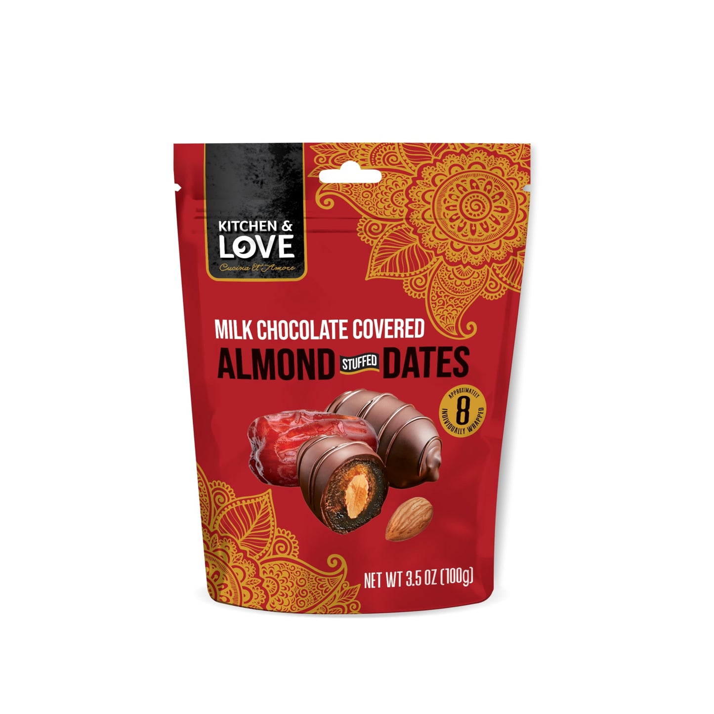 Kitchen & Love Milk Chocolate Covered Almond Stuffed Dates in a Convenient Resealable Pouch, 8 Individually Wrapped Pieces, Healthy Snack, 3.5 oz