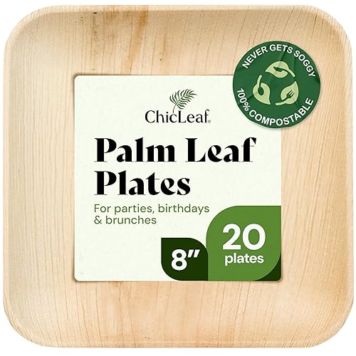 Chic Leaf Palm Leaf Plates 8 Inch - Square Disposable Bamboo-Style Dinnerware, Heavy Duty & Compostable Areca Leaf Serving Dishes for Appetizers