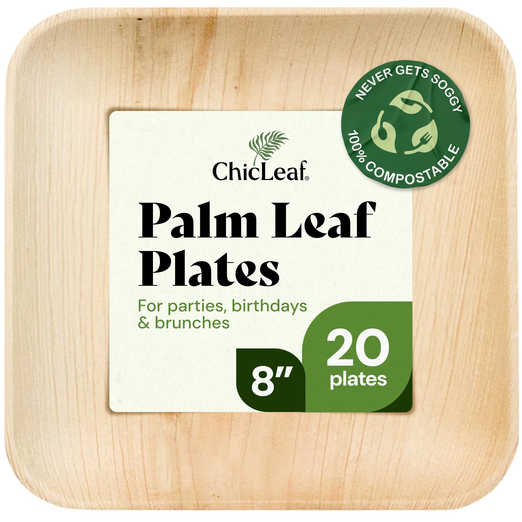 Chic Leaf Palm Leaf Plates 8 Inch - Square Disposable Bamboo-Style Dinnerware, Heavy Duty & Compostable Areca Leaf Serving Dishes for Appetizers
