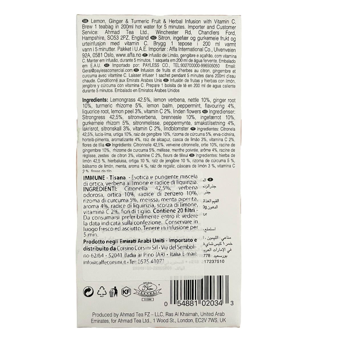 Ahmad Tea Herbal Tea, Lemon, Ginger, Turmeric, & Vitamin C 'Immune' Natural Benefits Teabags, 20 ct (Pack of 6) - Decaffeinated & Sugar-Free