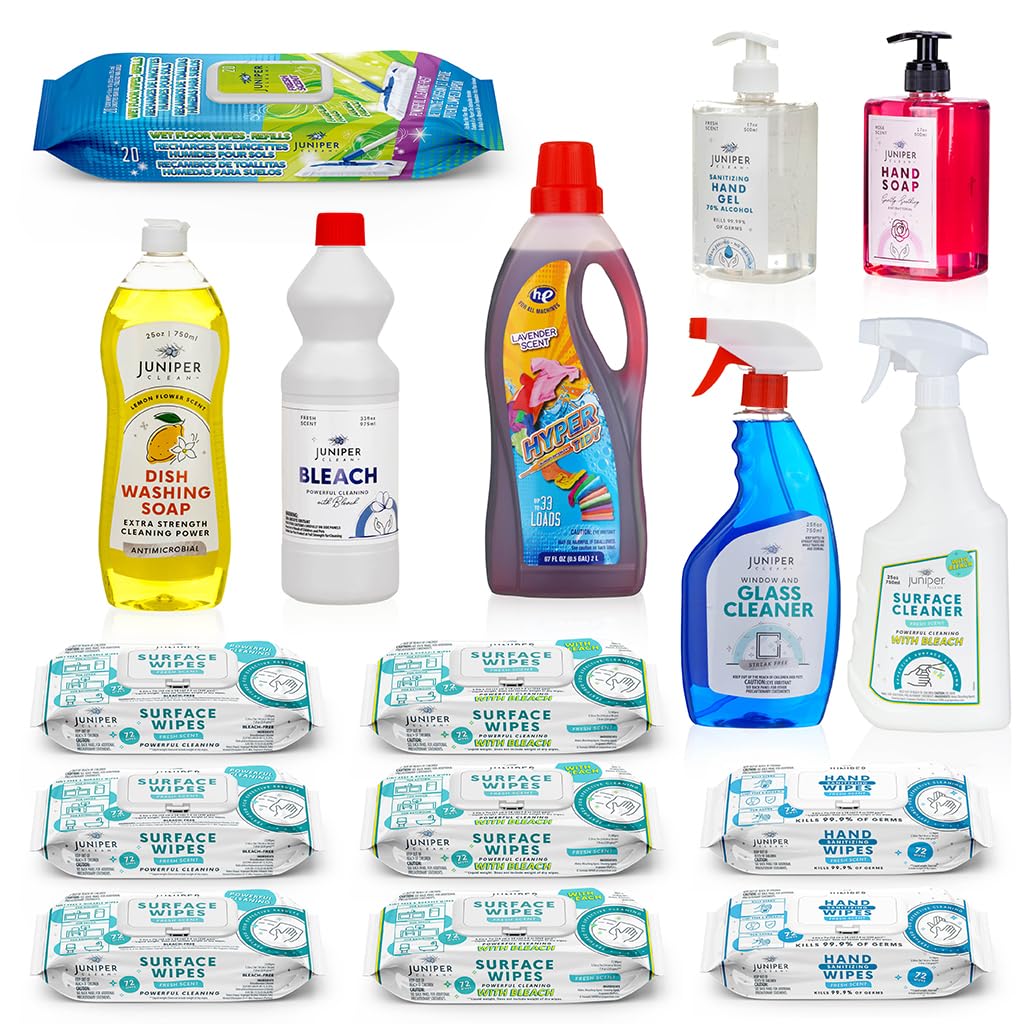 Juniper CLEAN, Luxury Cleaning, Supplies Kit, All In One Household Cleaning Essentials Set with Surface-Floor-Hand Cleaners, Laundry Detergent, Dish
