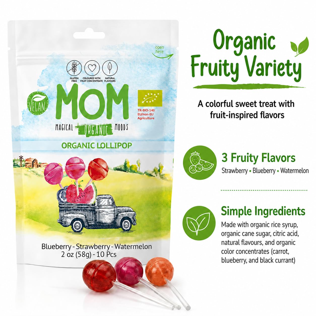 UNIQBITE Organic Lollipops, Vegan Gluten Free Pops with Strawberry Blueberry Watermelon Fruit Flavors, Natural Dye Free Suckers, Individually Wrapped