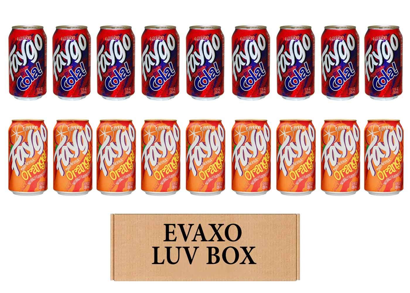 LUV BOX- variety faygo naturally flavored soda cans 12 oz. pack of 18 , faygo cola , faygo ORANGE.by evaxo