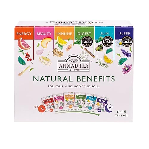 Ahmad Tea Natural Benefit Functional Tea Selection Pack | Green teas, Fruit & Herbal Infusions | Perfect herbal tea gift - 60 Teabag Sachets | 6