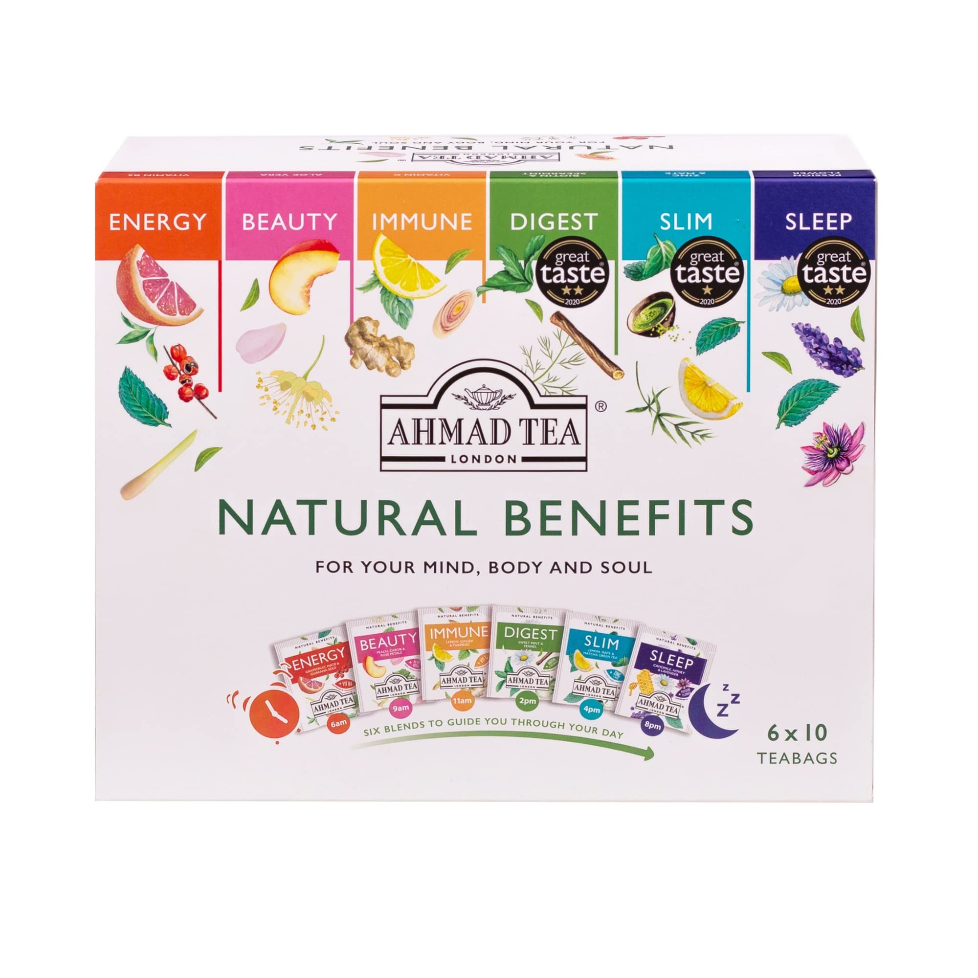 Ahmad Tea Natural Benefit Functional Tea Selection Pack | Green teas, Fruit & Herbal Infusions | Perfect herbal tea gift - 60 Teabag Sachets | 6